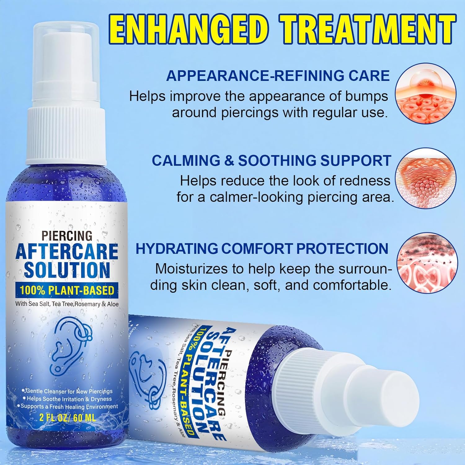 Piercing Aftercare Spray - Saline Solution for Ear, Nose, Belly Button, Cartilage Piercings - Ear Piercing Cleaner Spray with Sea Salt, Aloe Vera & Rosemary, Gentle and Non-Irritating, 2 Fl Oz - Image 6