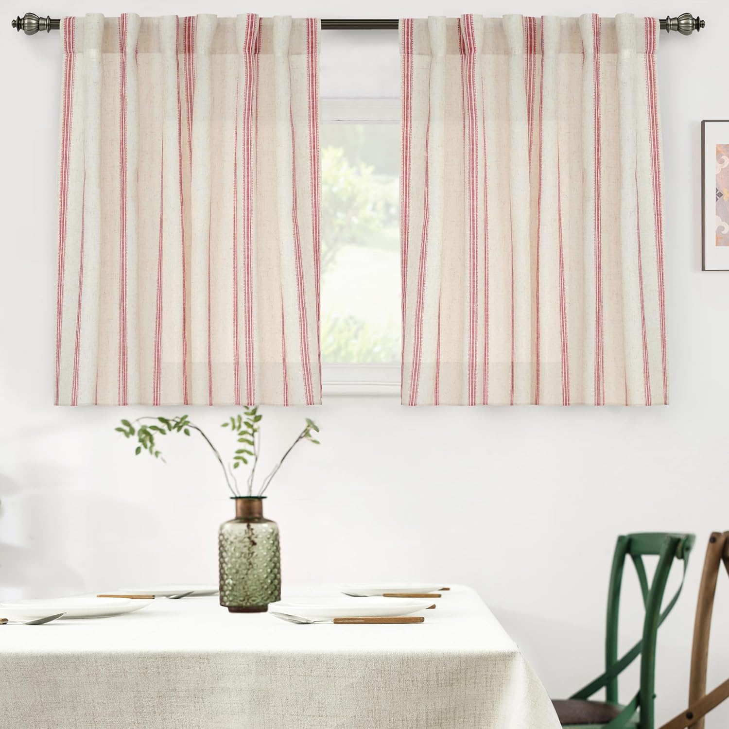 DriftAway Farmhouse Curtains for Living Room Vertical Striped Linen Curtains Semi Sheer Light Filtering Back Tab Rod Pocket Window Treatments, 84 Inches Long, 2 Panels, Jean Navy on Beige