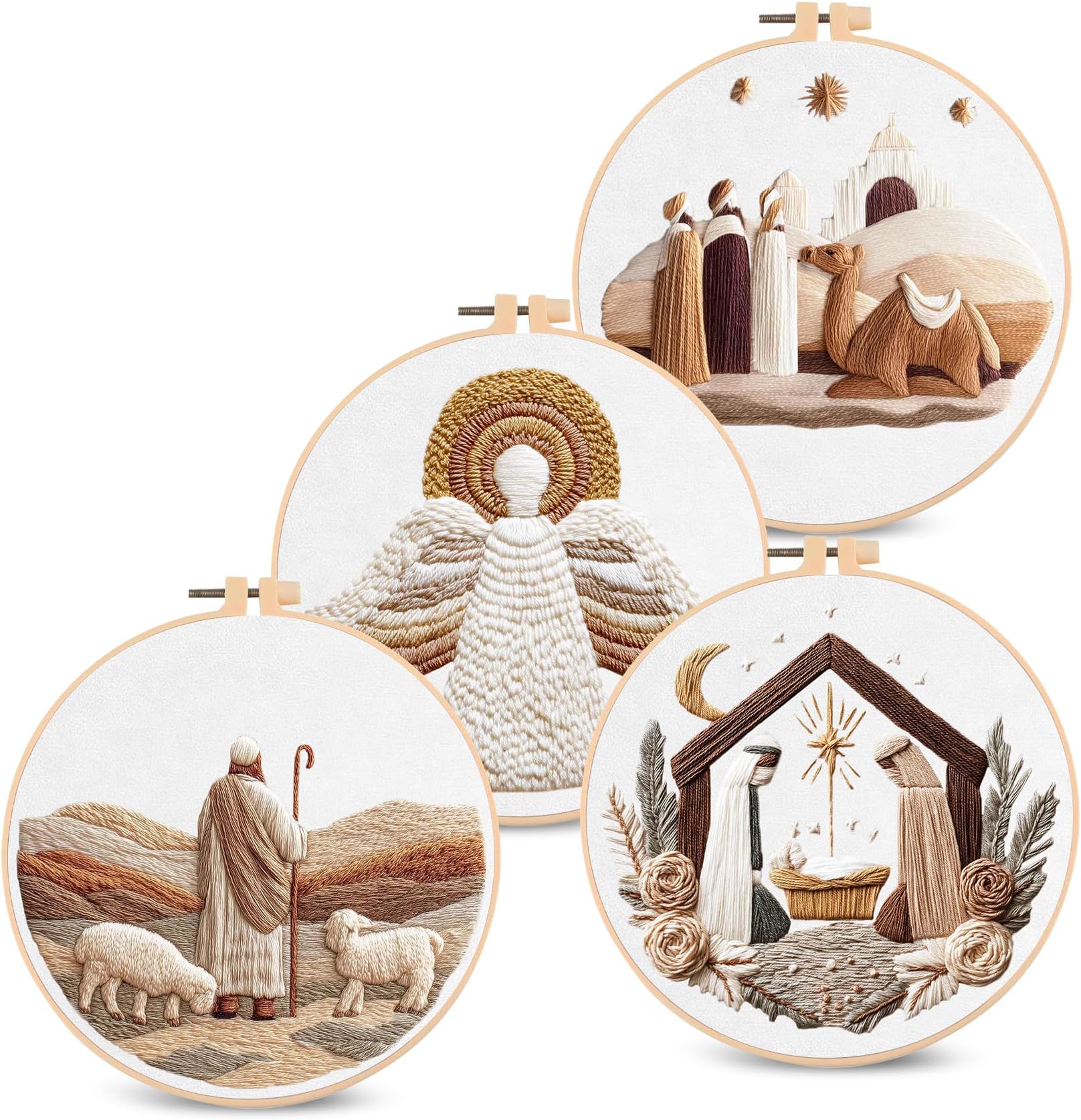 Santune Christian Embroidery kit,Nativity Scene Needlepoint Cross Stitch Kits for Beginners Adult,Needle Point Sets,4 Embroidery,2 Hoops,Christmas Ornaments