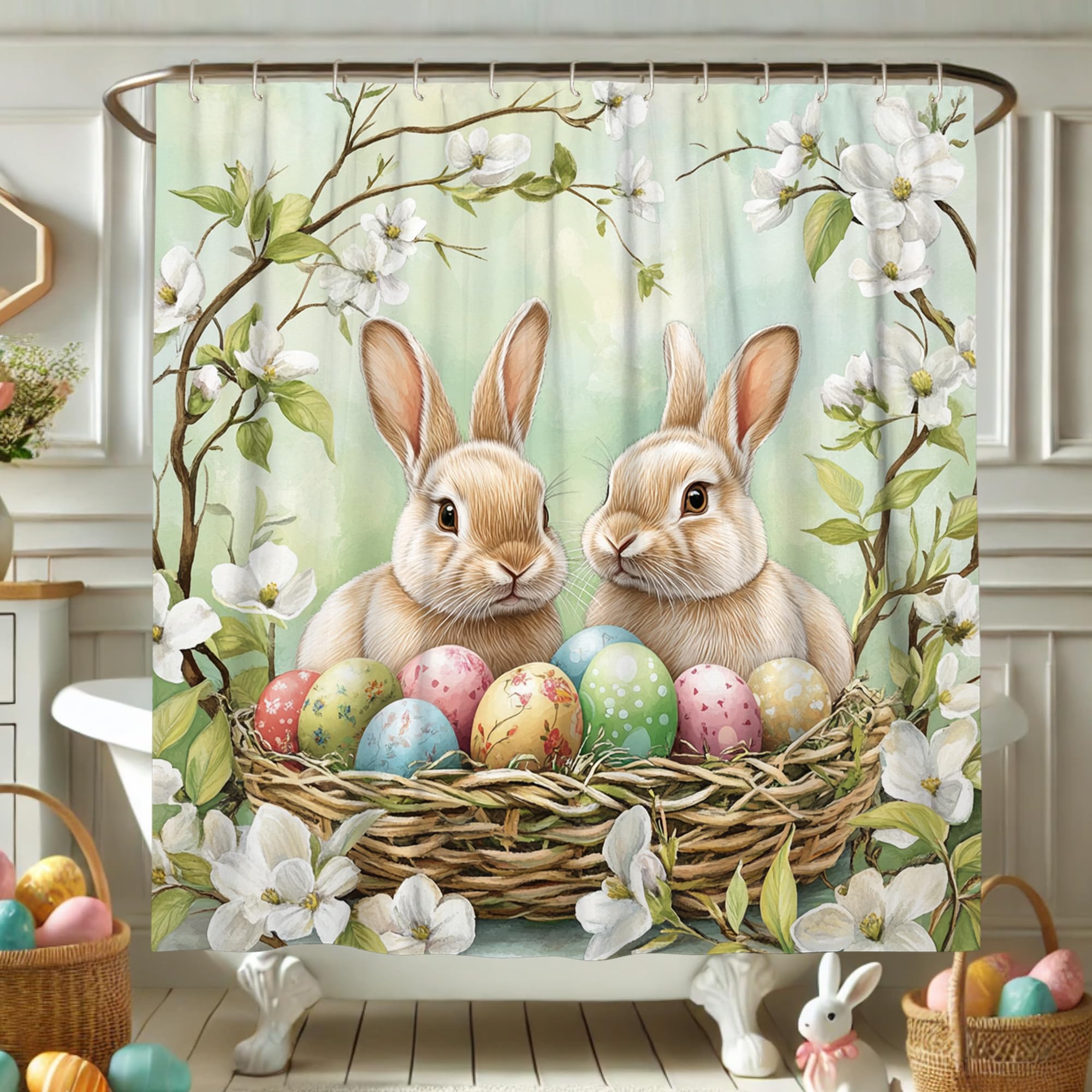 Rideau de douche style nature vintage avec son grand motif lapin de Pâques en tissu