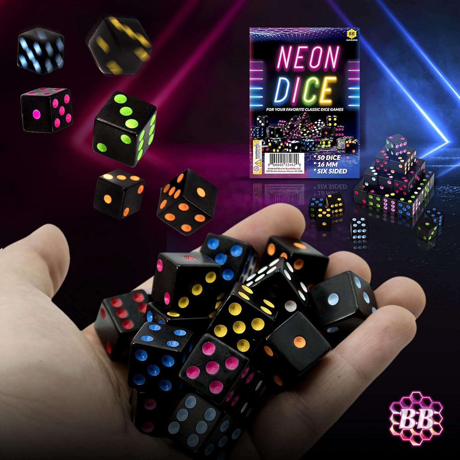 Neon Colored Blackout Dice - 51 Pack - 10 Color Set - Satin Drawstring Bag Filled with 16mm Six-Sided Square Dice - Colorful Replacement Gaming Supplies, Family Board Game Night, STEM Math Teaching