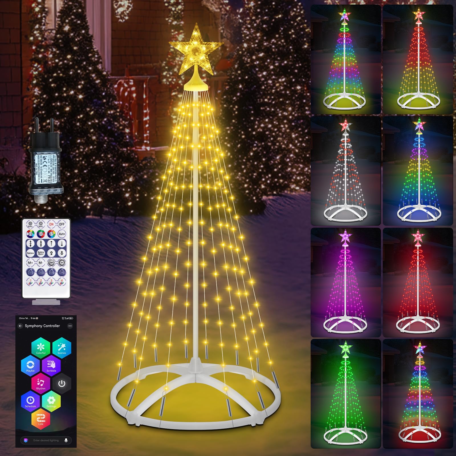 1.5M Luci Albero di Natale Smart con APP, 166LED Luci Albero Natale da Esterno con Stella,Conico RGB Multicolore,con Telecomando/APP per Decorazione Giardino e Balcone