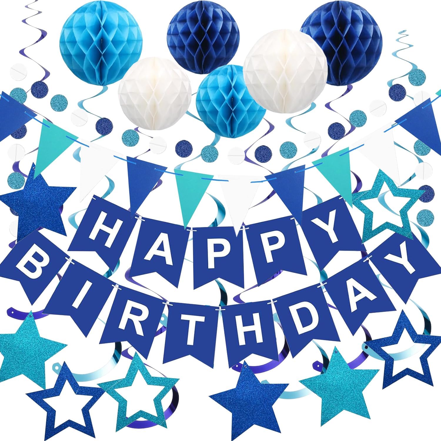 Blue Birthday Decorations,Men Happy Birthday Banner with Honeycomb Ball