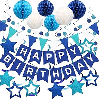 Navy Blue Birthday Decorations, Men Happy Birthday Banner with Honeycomb Ball, Star Hanging Swirl Streamer, Circle Dot Garland Decorations - Birthday Party Decorations for Men Boys