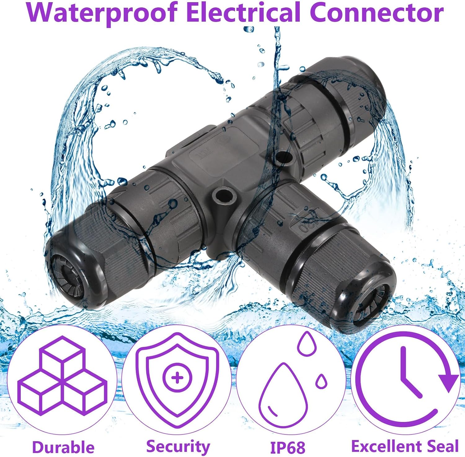 DMiotech 4 Pcs Waterproof Junction Box Electrical Cable Connector 3 Pin t Type Outdoor Wire Connectors Wire Range(5-9mm) for Tunnel Lights, Underwater Lights, Garden Lights