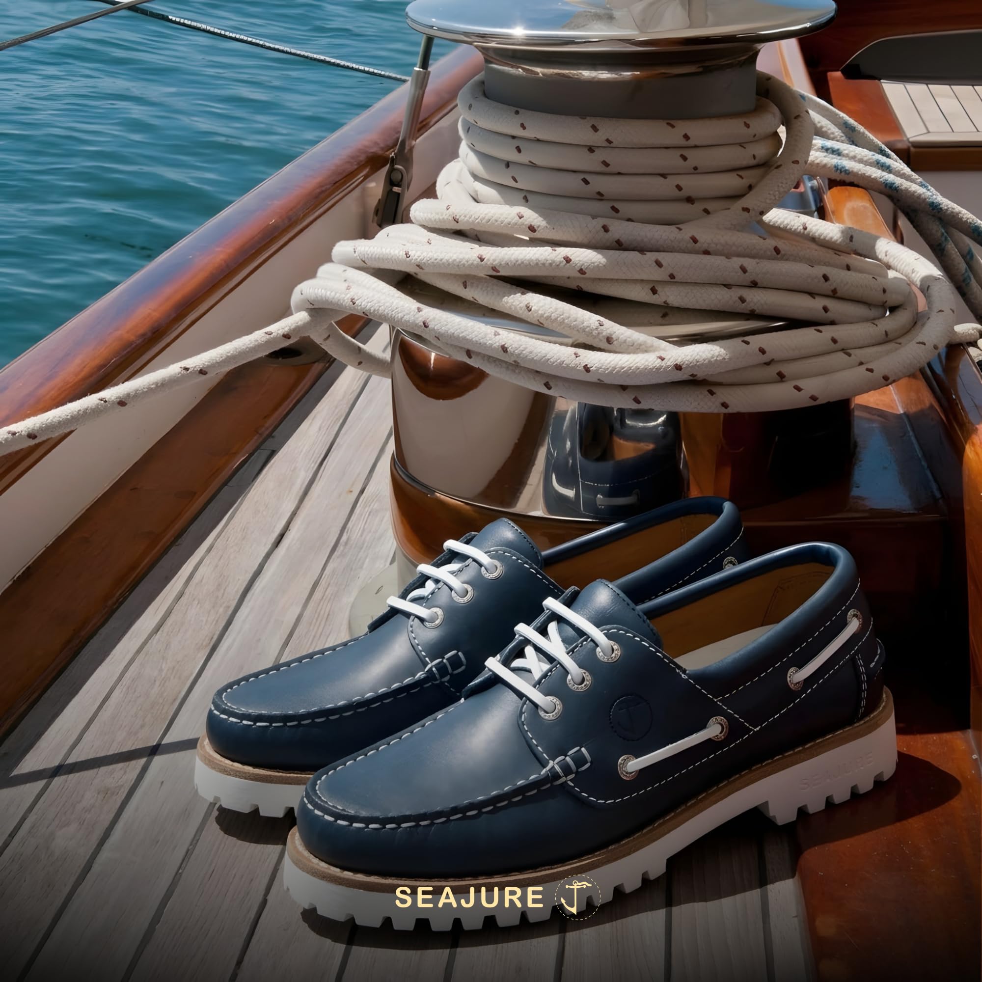 Seajure Sibang Bootsschuhe Damen Leder, Handgefertigte Segelschuhe und Mokassins, rutschfeste Gummisohle, Bequeme Maritime Sommer Slipper, Leichte Echtleder Schuhe in Marineblau/Weiß