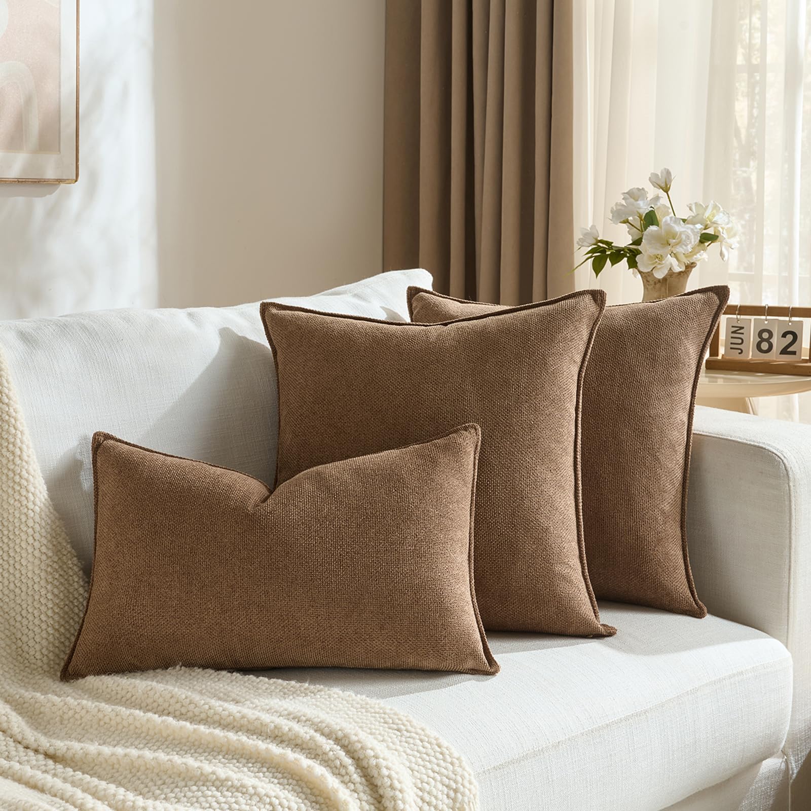 Juego de 2 fundas de almohada Marrón 50×70 cm con decoración moderna Diseño monocromático y neutro con ribete Diseño único Adecuado para dormitorio, salón, sofá cama y decoración