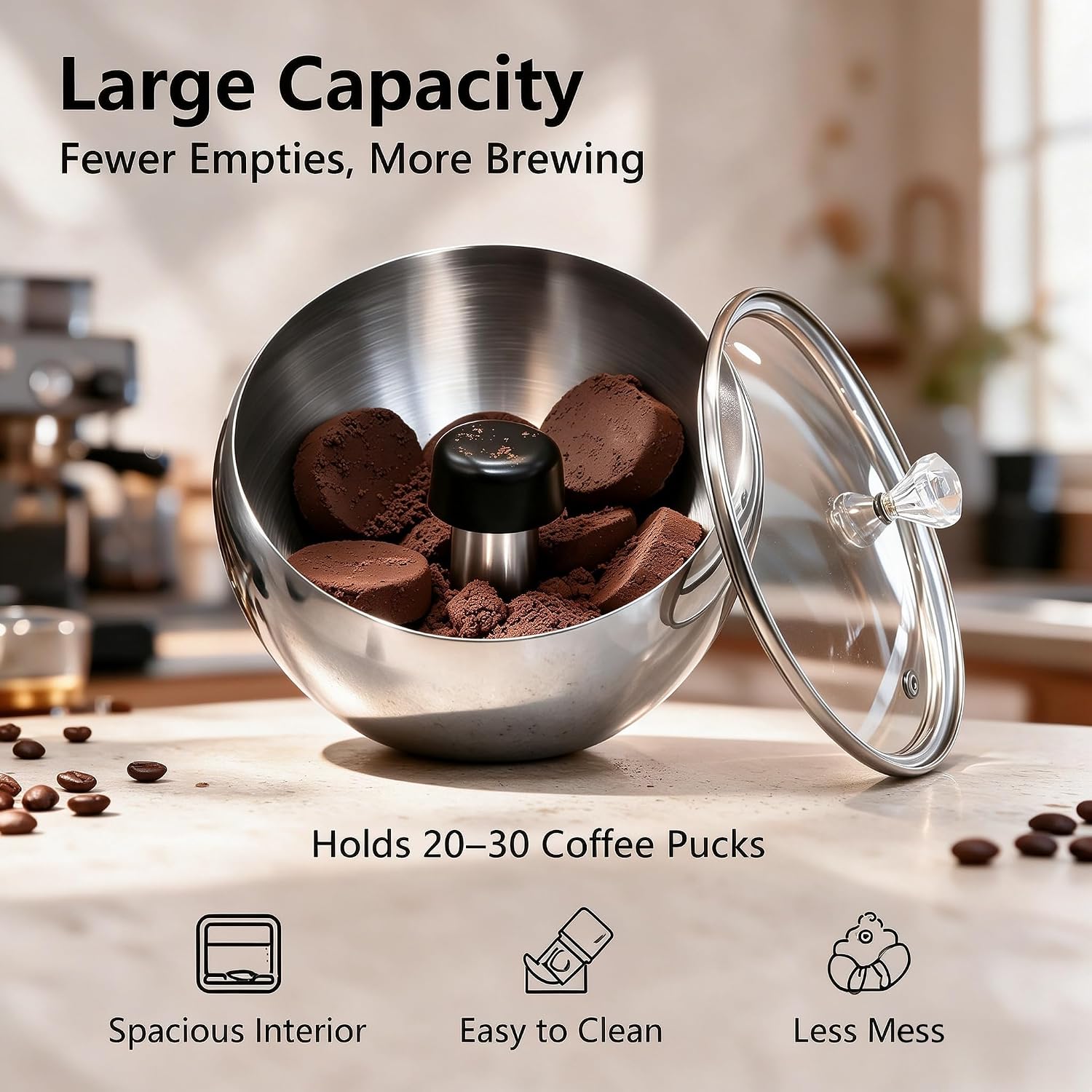 Upgraded 1.8L Espresso Knock Box with Glass Lid, Magnetic Knock Bar, Silver