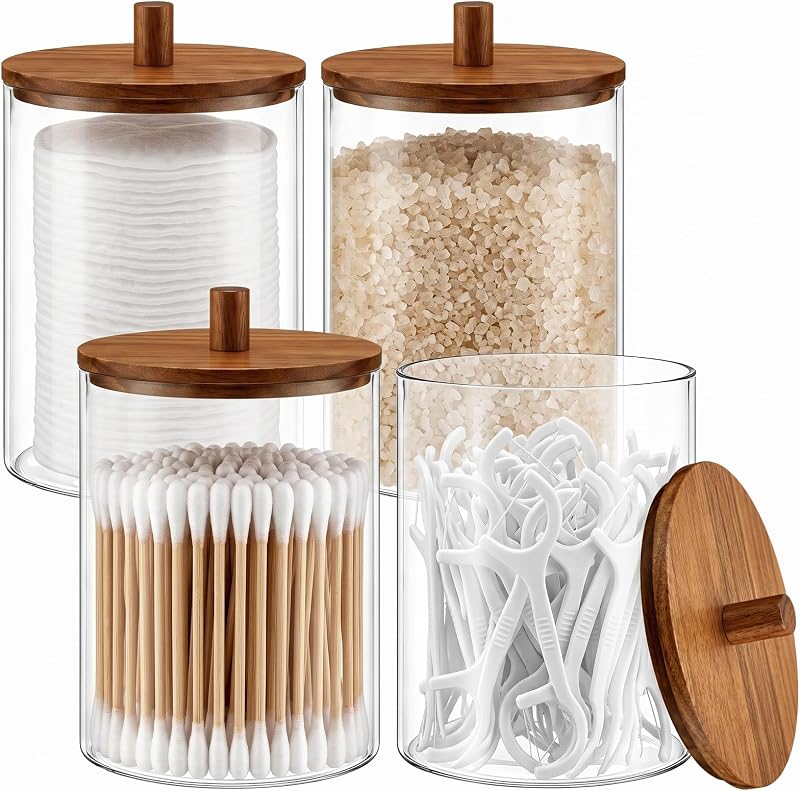 PureRoot Conjunto com 4 frascos de vidro para banheiro com tampas de madeira de acácia, 283 mL