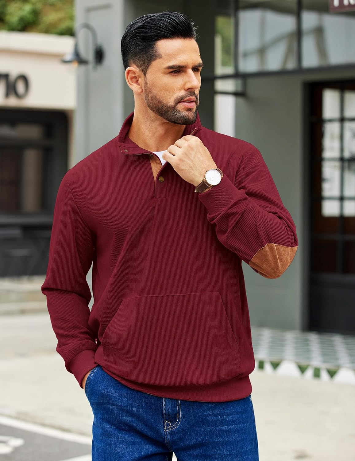 COOFANDY Mens Corduroy Sweatshirt Long Sleeve Pullover Quarter Button Fall Sweat Shirts - Image 4