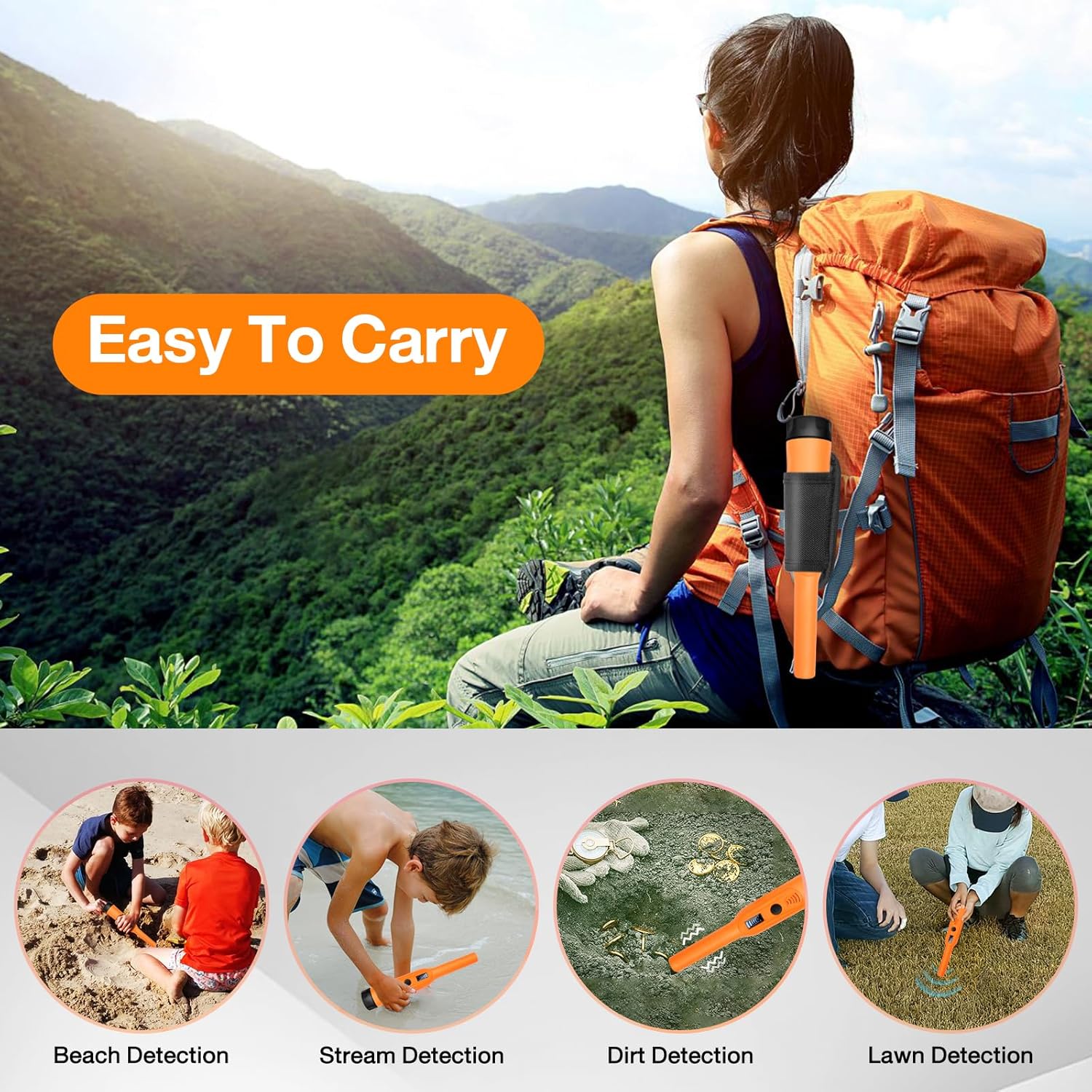 KKMOL Metal Detector Pinpointer for Adults & Kids, Waterproof Pin Pointer Metal Detector, Hight Sensitivity 3 Modes (Buzzer, Vibration,Sound) Detecting Treasure Hunting, Orange, IBDC0005