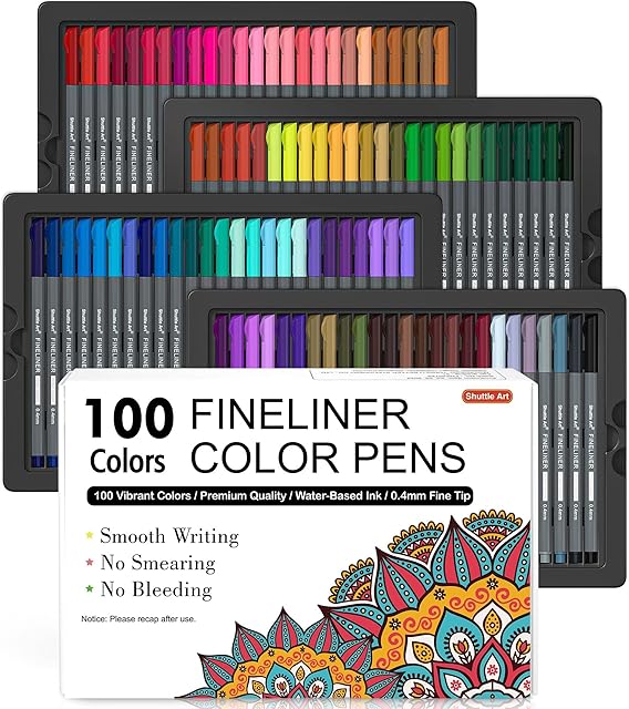 Fineliners, Shuttle Art 100 Colours Colouring Pens Set, 0.4mm Extra Fine Tip Coloured Pens Perfect for Colouring Books, Drawing Details Journaling, Writing Notes at Home School Office