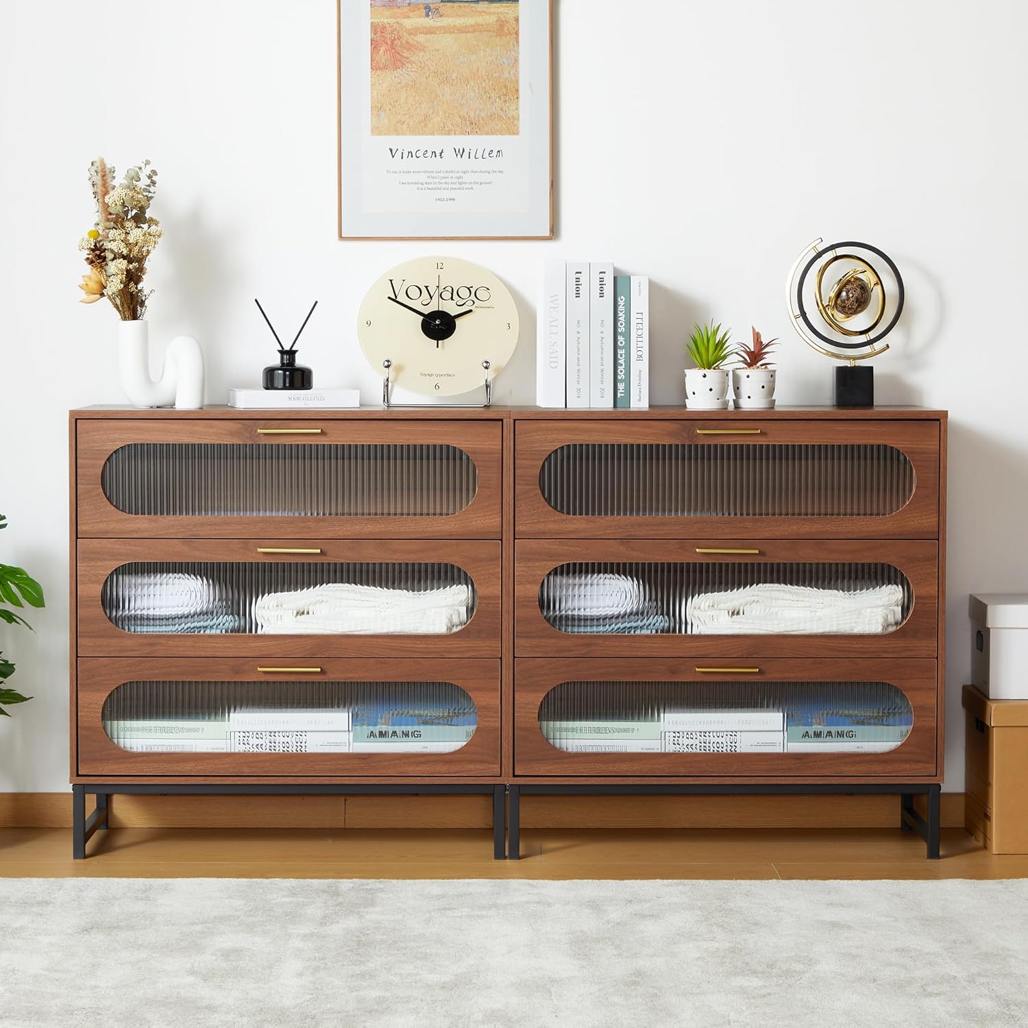 3 Drawer Dresser, Small Dresser with Tempered Glass Drawer Design, Modern Wood Chest of Drawers for Bedroom, Home Office (Walnut1)
