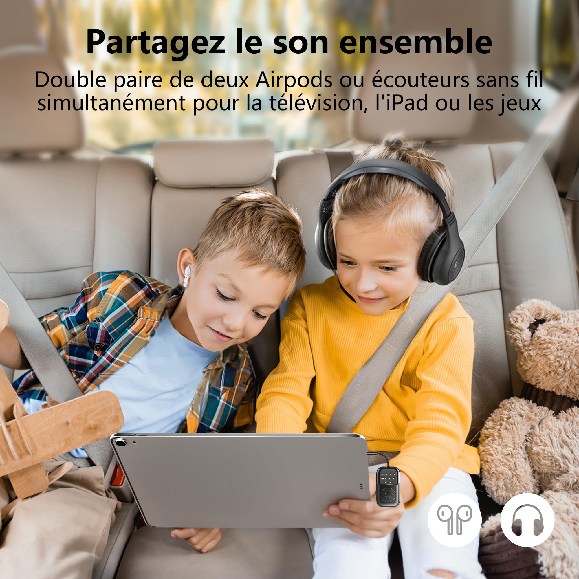 Bluetooth 5.4 Transmetteur Récepteur, 2-en-1 Adaptateur Bluetooth Avion, Double Casque & 24H Autonomie - pour TV, Avion, Voiture, Tablettes, Casque TV sans Fil, Compatible AirPods & aptX