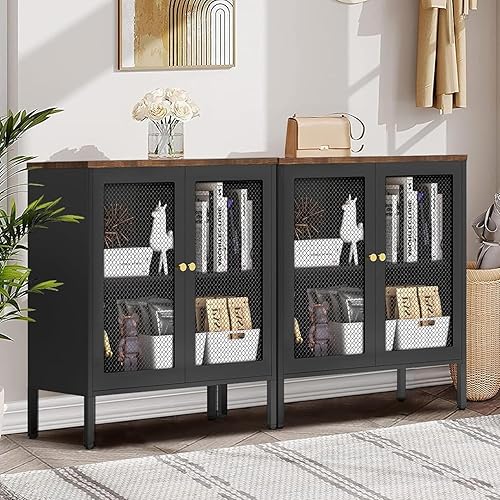 Silkight Juego de 2 armarios de almacenamiento de metal con puertas de malla, armario de almacenamiento industrial con mesa de madera, aparador