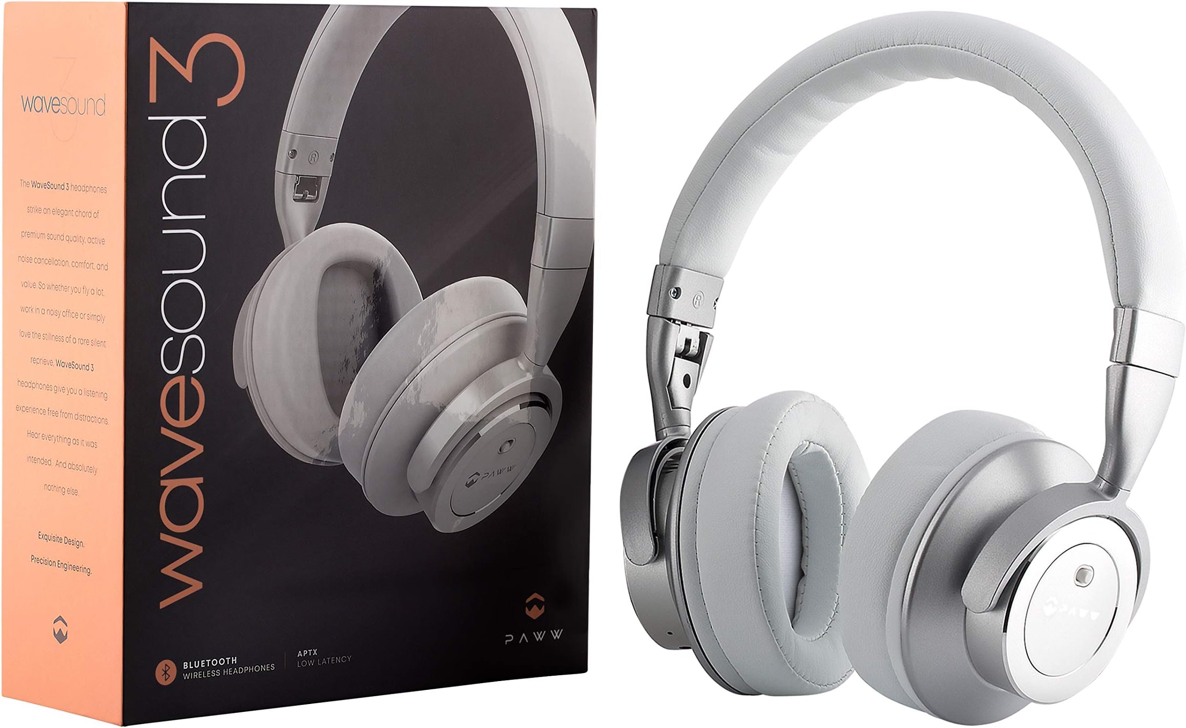 Paww WaveSound 3 Bluetooth 5.0 Headphones – Active Noise Cancelling Headphones / 16-Hour Battery Life with Precision-Engineered Sound/Foldable Travel Headphones & Over-Ear Headphones (White)