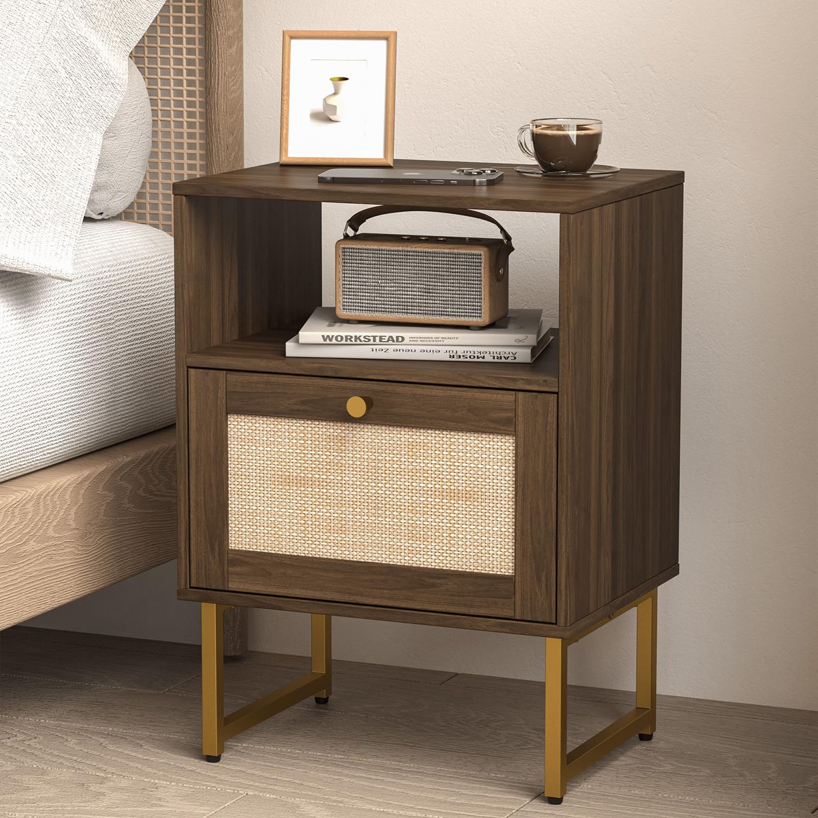 JERX Rattan Bedside Table, Farmhouse Wood Nightstand with Storage Drawer and Open Shelf Small Bedside Cabinet for Bedroom,Living Room,Office Walnut Brown