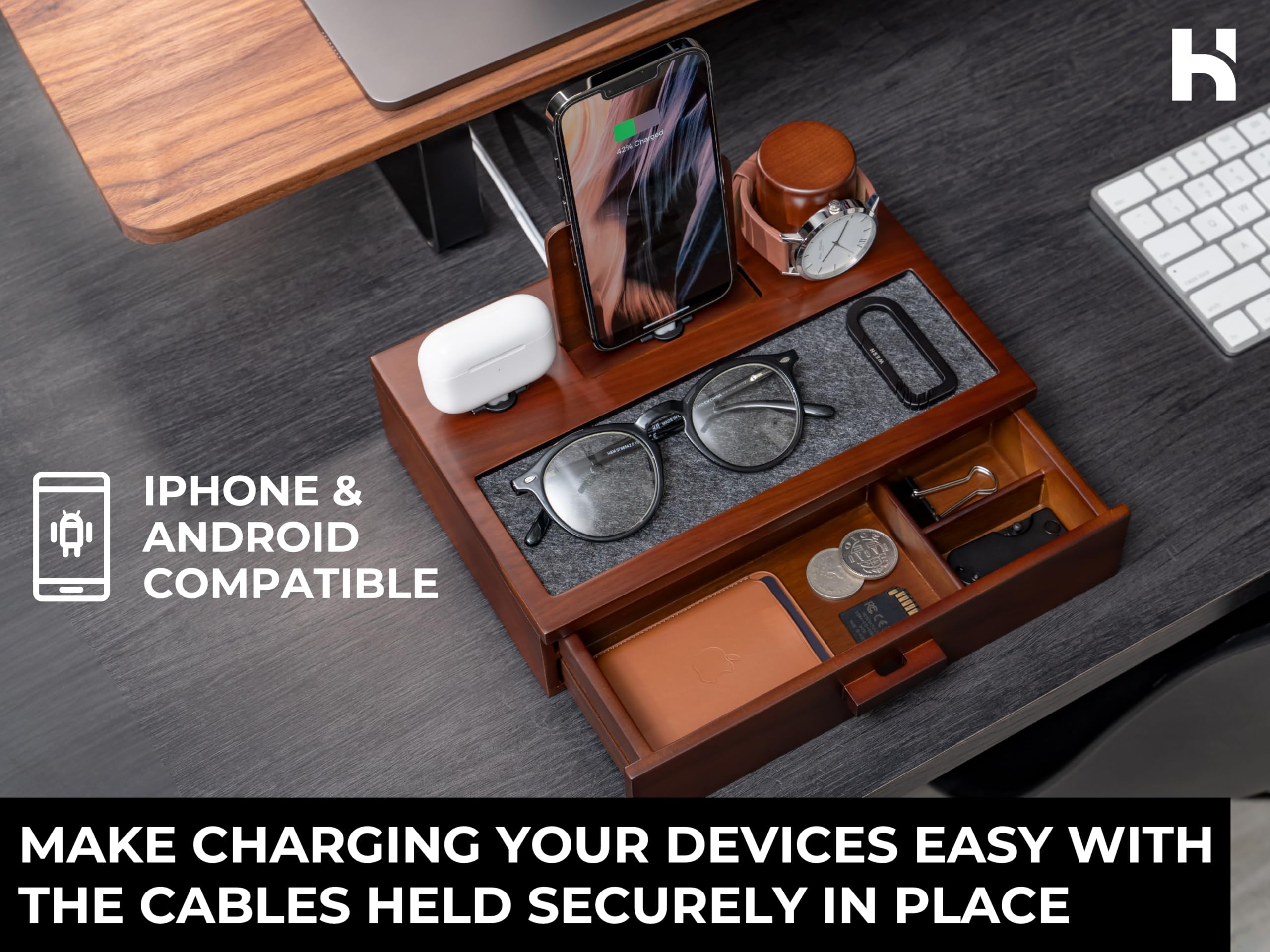 Holme & Hadfield Organizer da comodino da uomo, docking station unica in legno per caricare il telefono e gli auricolari, stazione di ricarica in legno con vassoio foderato e cassetto, docking station