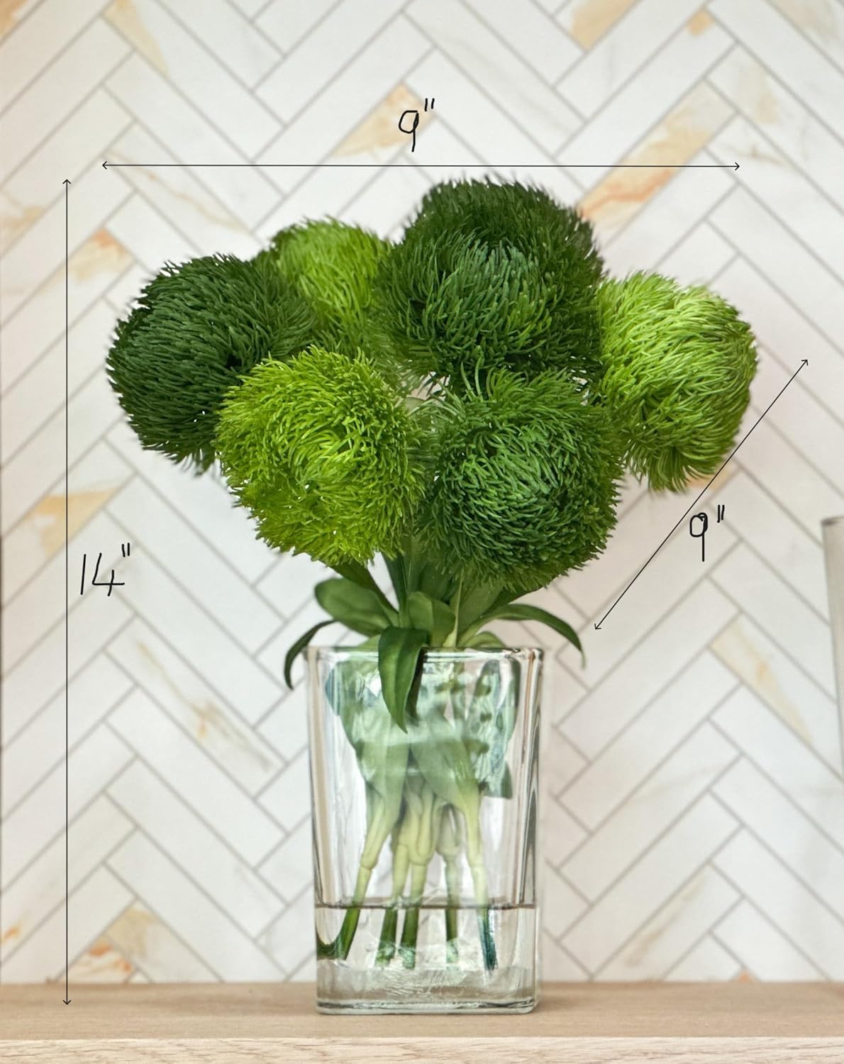 BLUE PARIS FLOWERS Green Real Touch Dianthus Arrangement, Modern Home/Office Decor, Artificial Faux Flower Centerpiece in Glass Vase for Home Decor Floral Gift