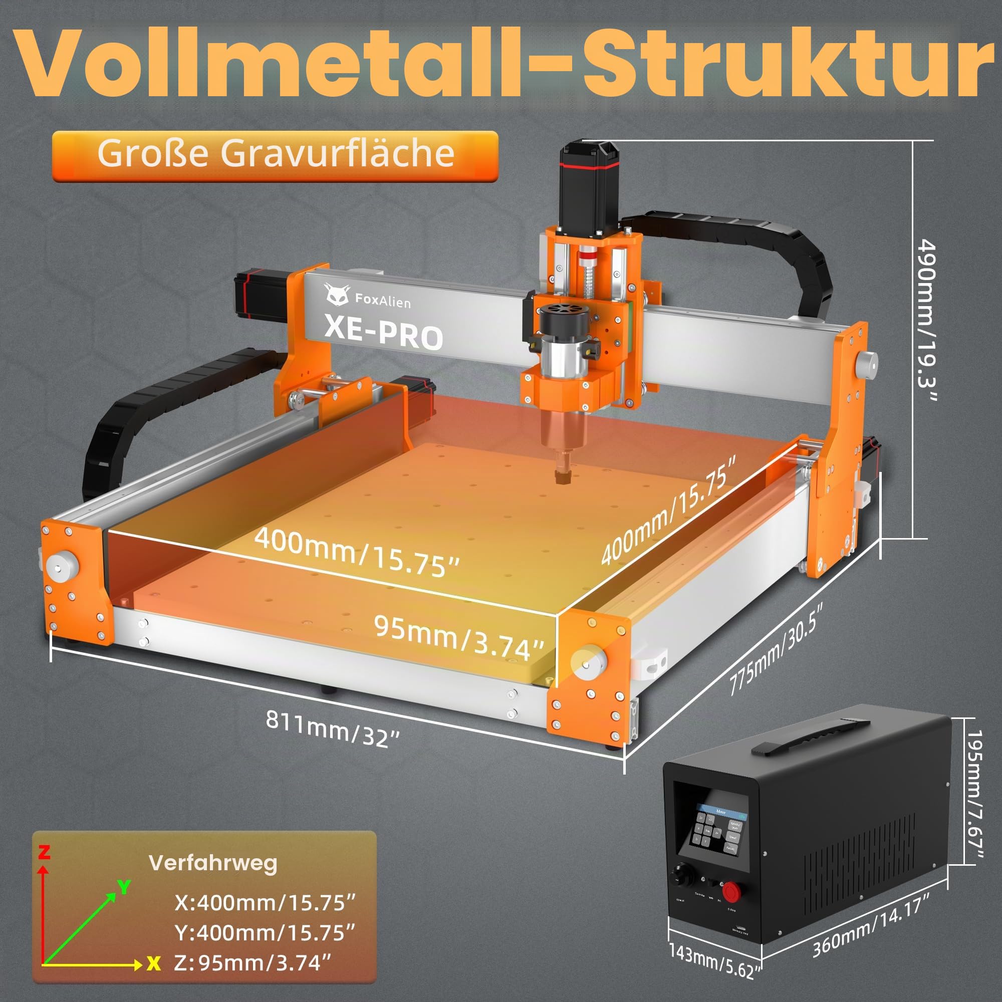 FoxAlien CNC Fräsmaschine XE-PRO mit Kugelumlaufspindeln, 400W Spindel 3-Achsen Graviermaschine für Holz-Aluminium-Schneiden Aufrüstbar auf Linearschienen(220V)