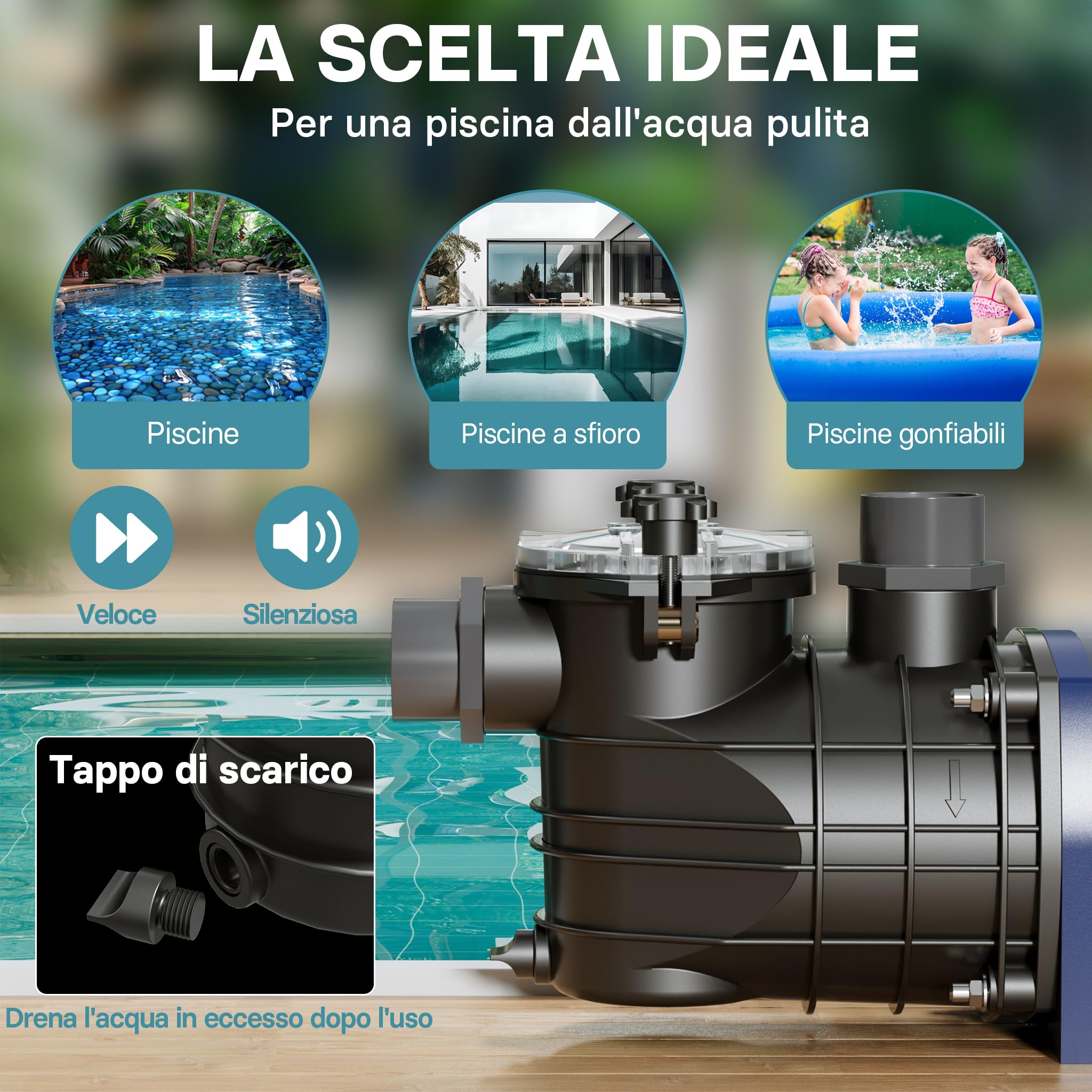 Pompa piscina per ricircolo e filtraggio 17700 l/h 1100 W Pompa di circolazione