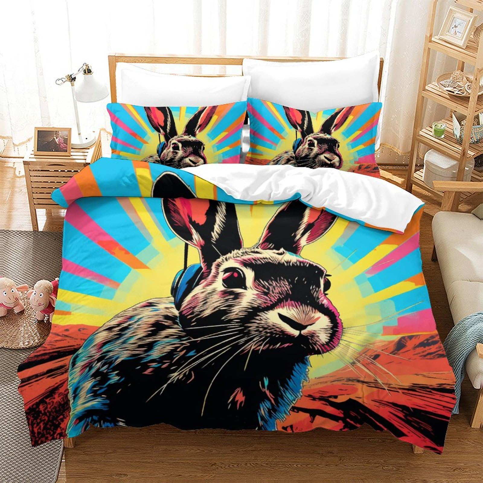 Housse de couette 3D lapin parure de lit imprimée en microfibre douce avec fermeture éclair