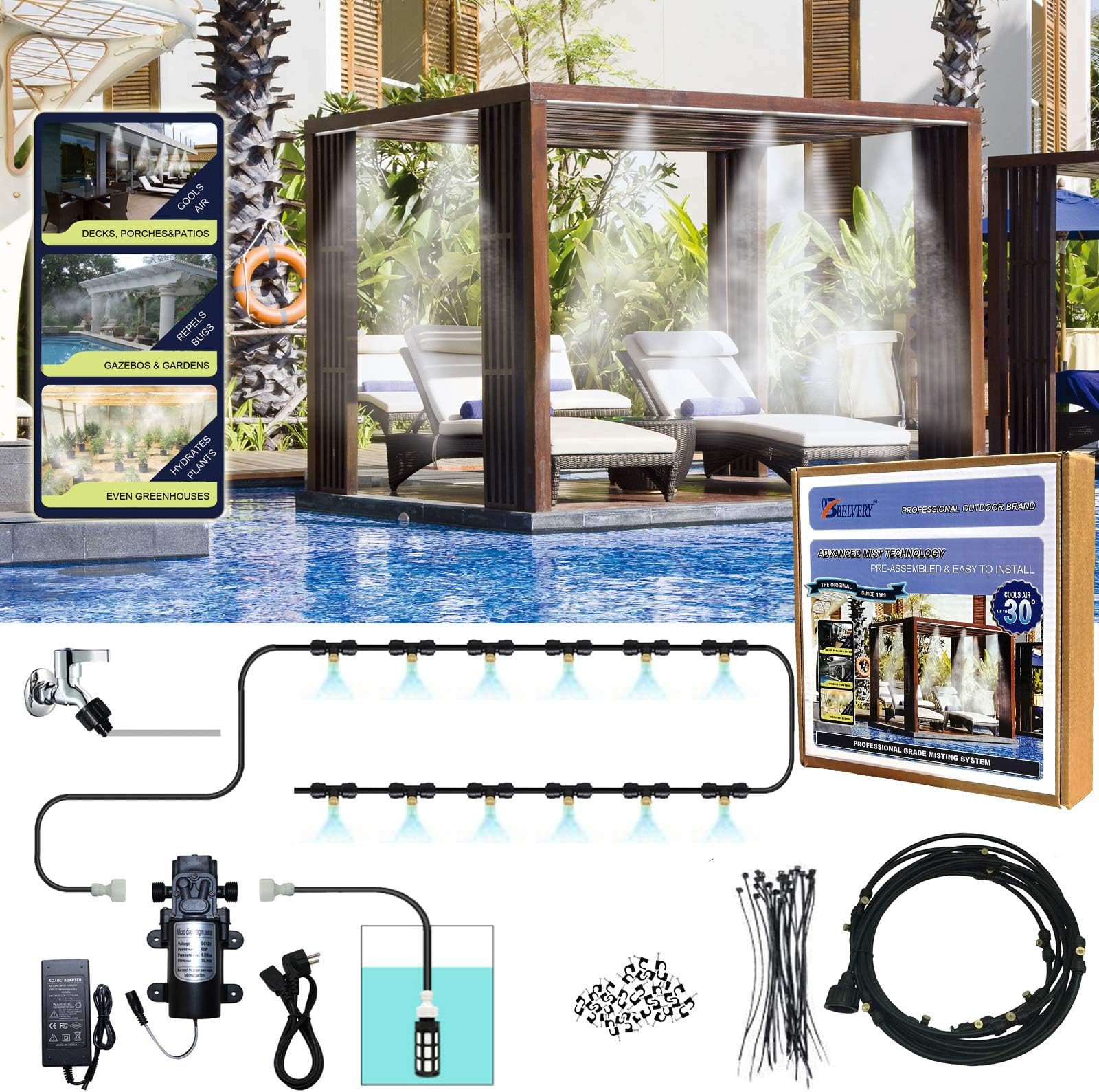 Misting Cooling System Kit With 12M(40FT) Misting Line 12 Brass Nozzle Filter Micro Diaphragm Pump Sprinkler 2 In 1 Irrigation Equipment For Patio Garden Greenhouse Trampoline for Waterpark
