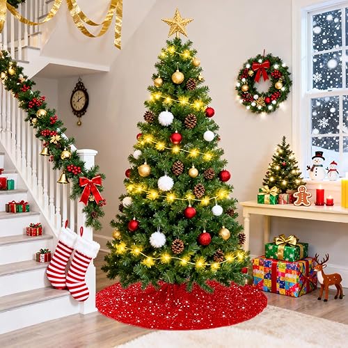 Miniatura 146 de Falda de árbol de Navidad, falda de árbol de lentejuelas rosadas, falda de árbol de terciopelo de 36 pulgadas de diámetro, faldas redondas de árbol