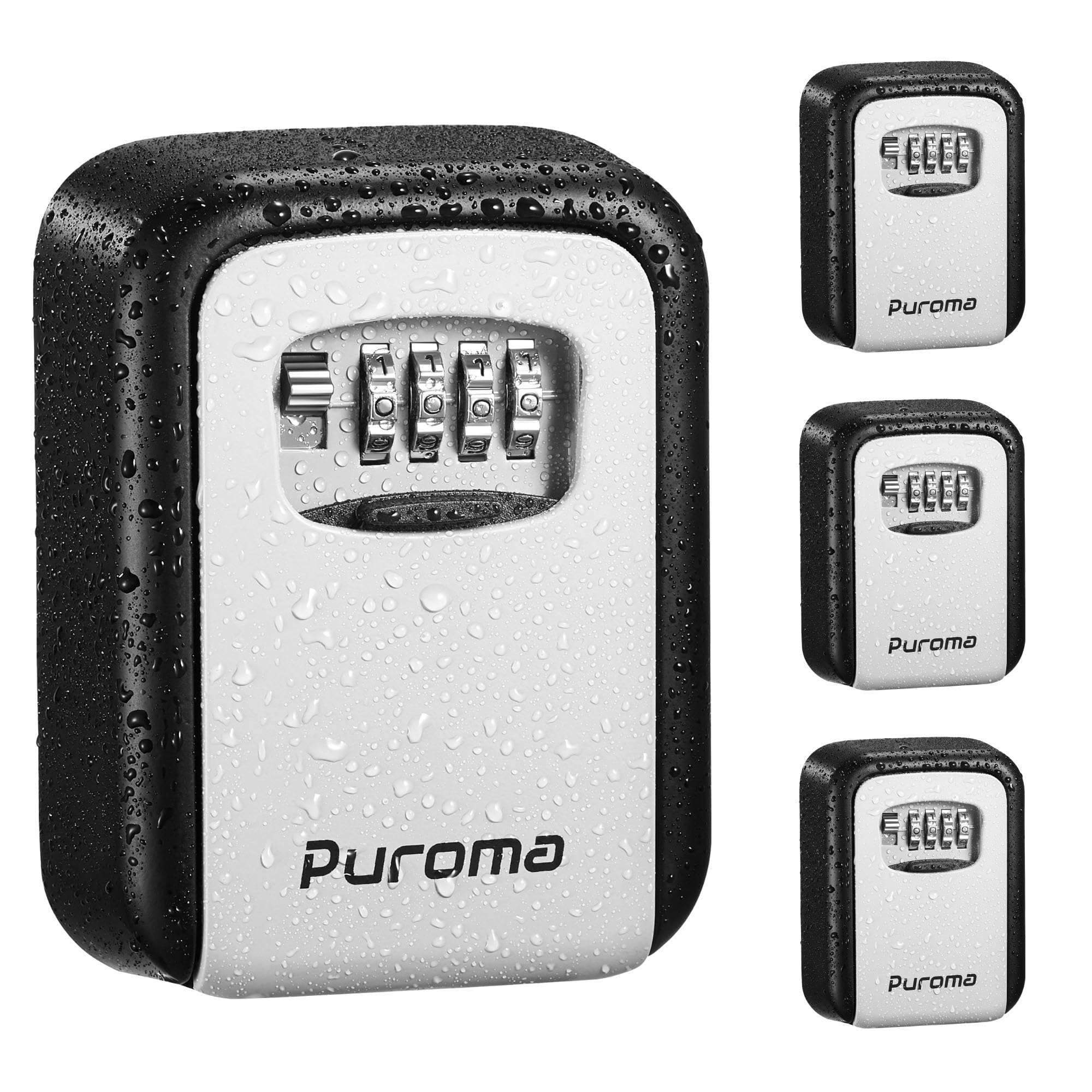 Puroma Security Key Lock Box, 4-Digit Combination Waterproof Safe Storage Lockbox with Code Wall Mount Large Capacity for Outdoor Outside House Dorm Office ID Card (4 Pack, Black & Gray)