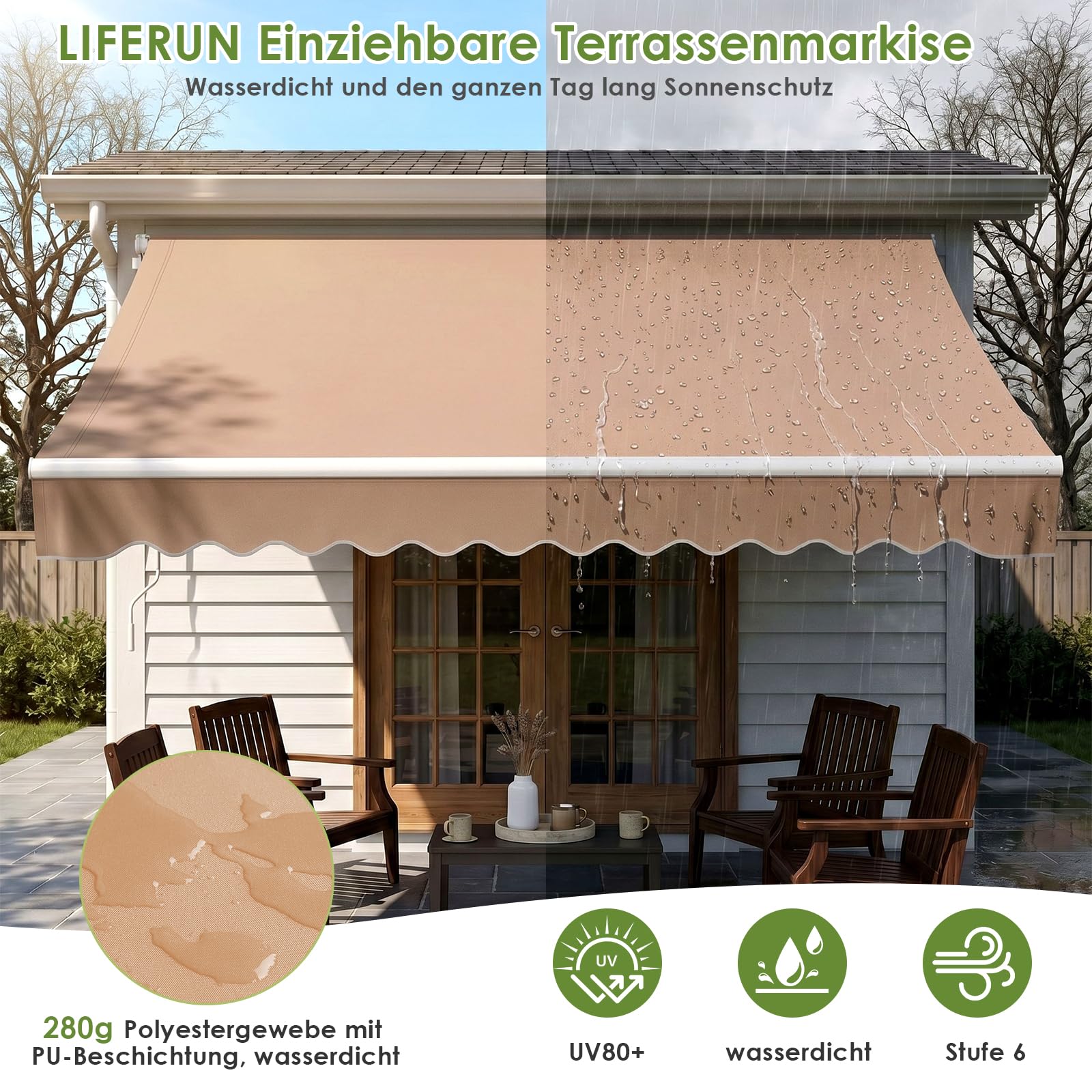 LIFERUN Markiza ramion przegubowych 300 x 250 cm, UPF 50+ & wodoodporna, z korbą & uchwytem ściennym, Regulacja kąta (52-75°), Markiza na Taras & Balkon, Markiza balkonowa Markiza ramionowa Beige
