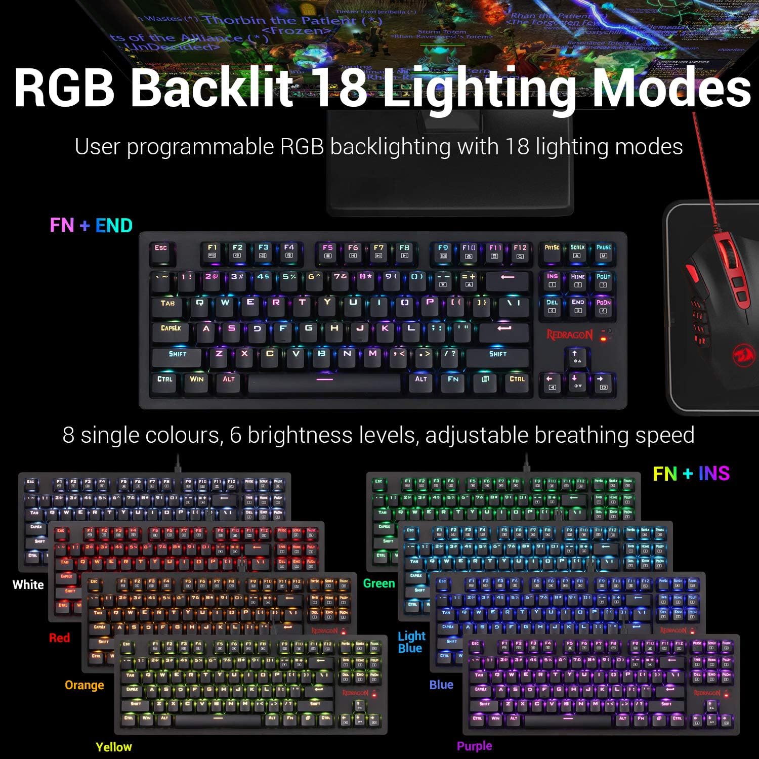 Redragon K598 TKL keyboard showing various RGB lighting modes and color options