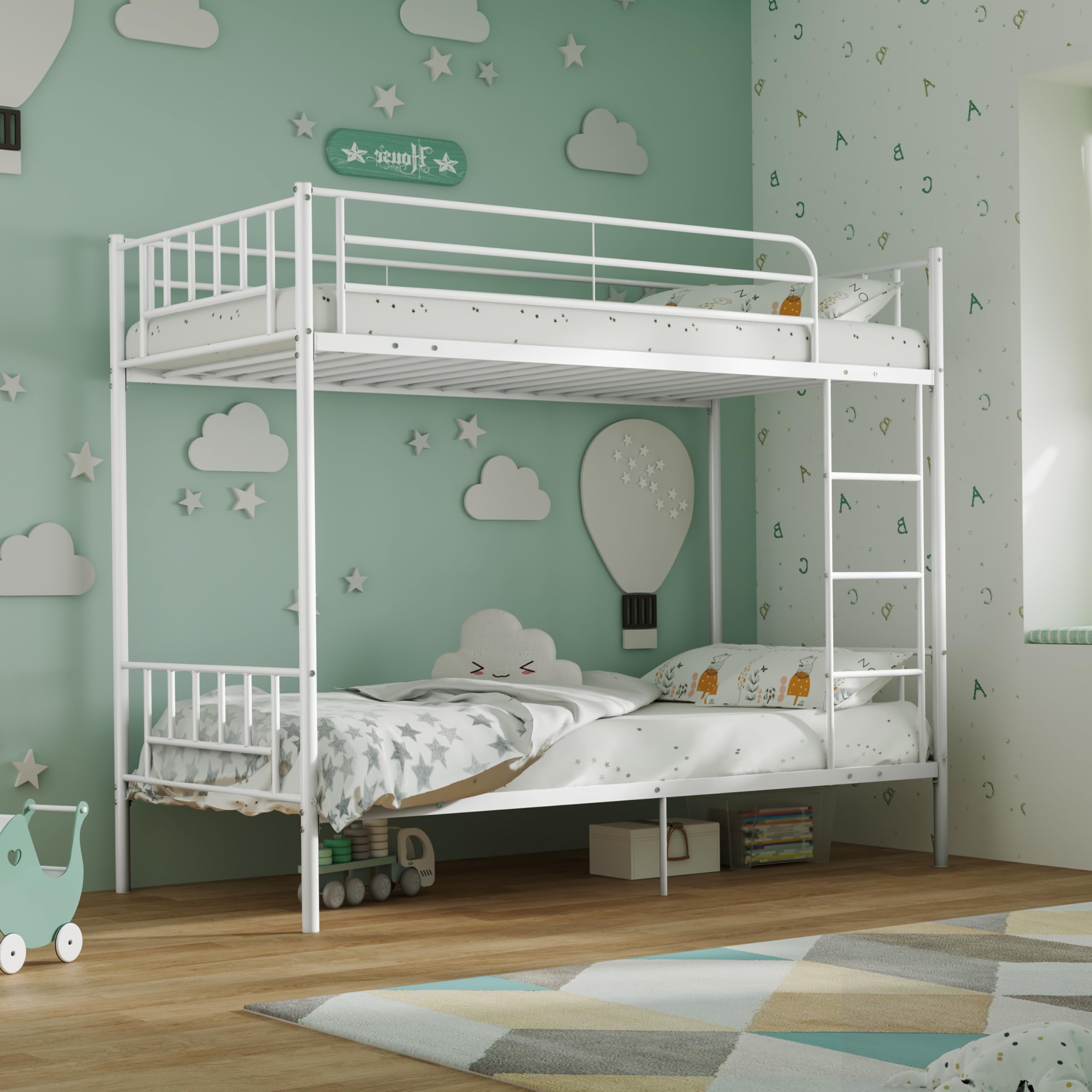 XINBEDEU 3FT Single Bunk Bed Metal Frame, Twin Over Twin Size Metal Bunk Bed with Slatted Support, Sturdy and Durable Design for Kids and Adults (White, Twin)