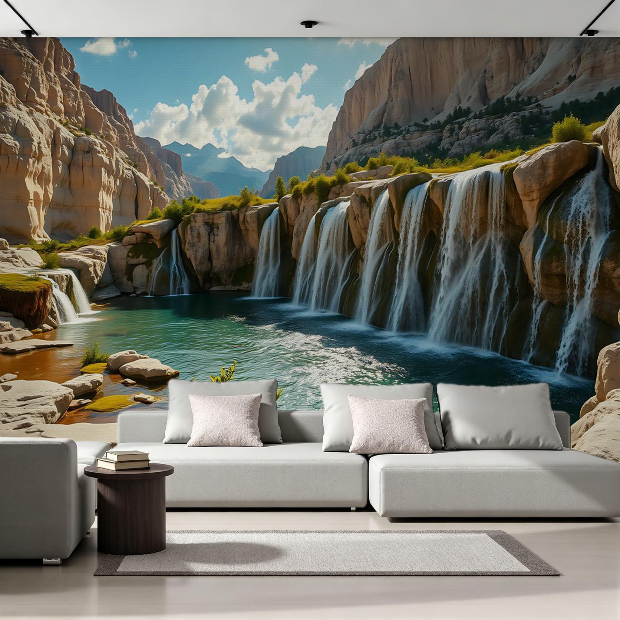 Carta da parati effetto 3D Cascata Montagna 300 x 210 cm Murale Non Tessuto Natura Paesaggio Fotomurale Stampa HD Moderna Poster Per Soggiorno E Camera Da Letto Design 2M1844