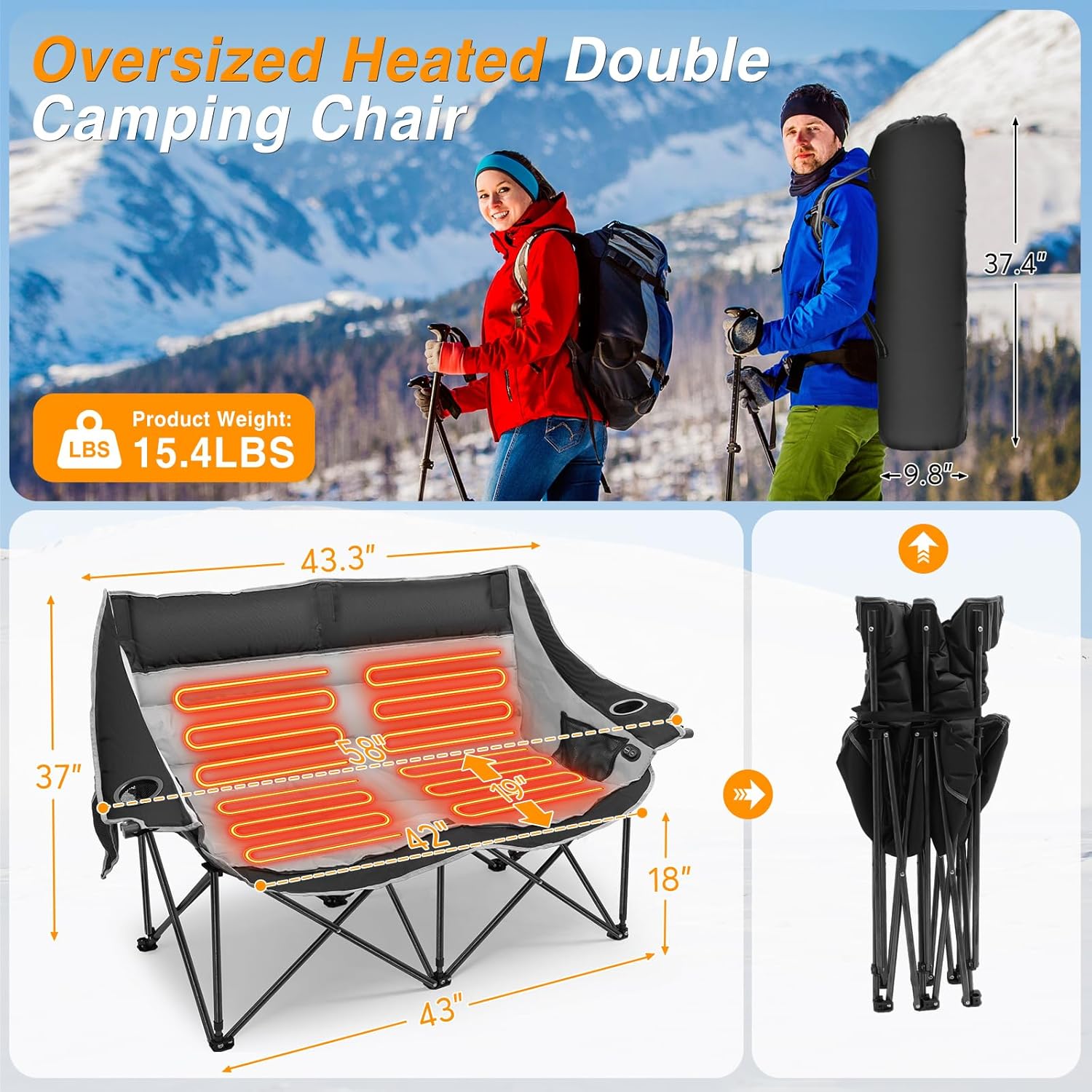 Suteck Heated Double Camping Chair, Heated Loveseat Chair for Outdoor Sports W/3 Heat Levels & 4 Heating Zones, Portable Folding Chair for Adults, Use for Camping & Travel,660LBS