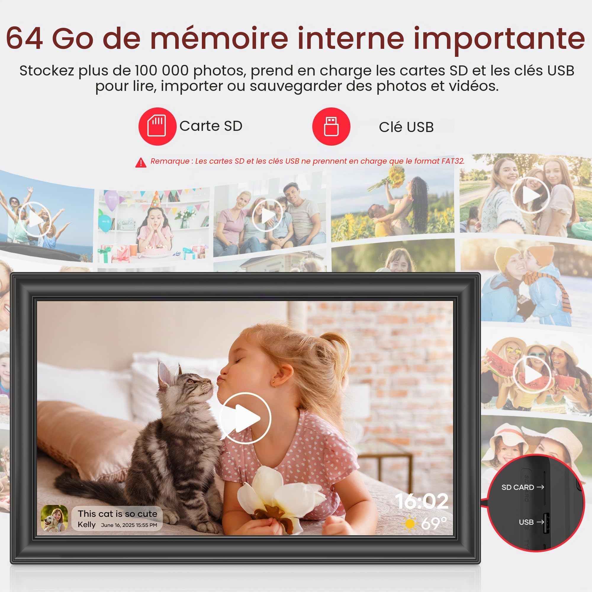 Frameo Cadre photo numérique WiFi Noir 64 Go 15,6" 1920 x 1080p FHD IPS Grand cadre photo électronique Rotation automatique Montage mural Partage de photos et vidéos