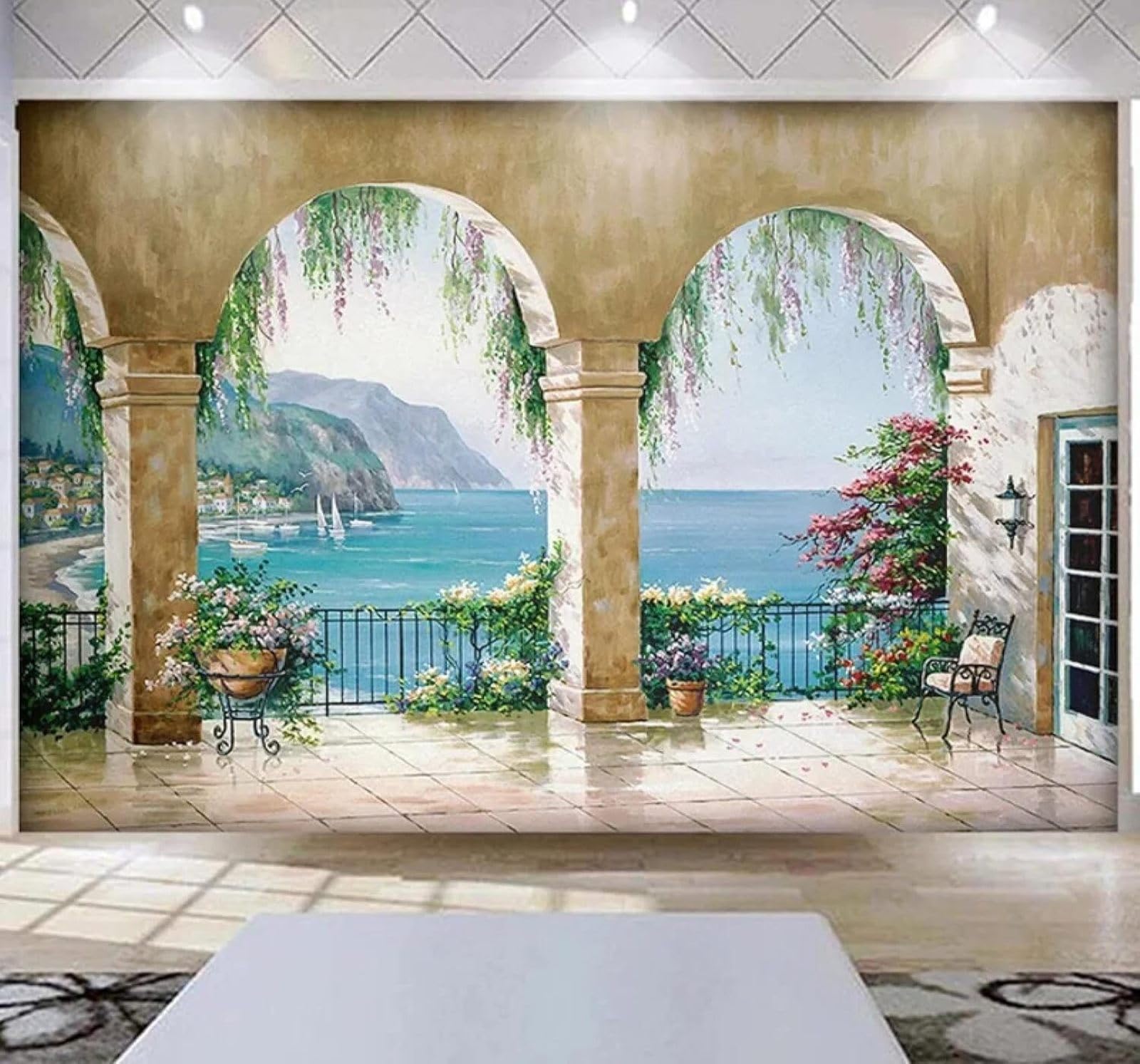 Xlming 200Cm×140Cm(B×H) Three Dimensional Balcony Archway Landscape Seascape 3D Wallpaper Luxury Home Dining Decor Paste Sofa Living Room The Wall For Bedroom Mural-200Cm×140Cm