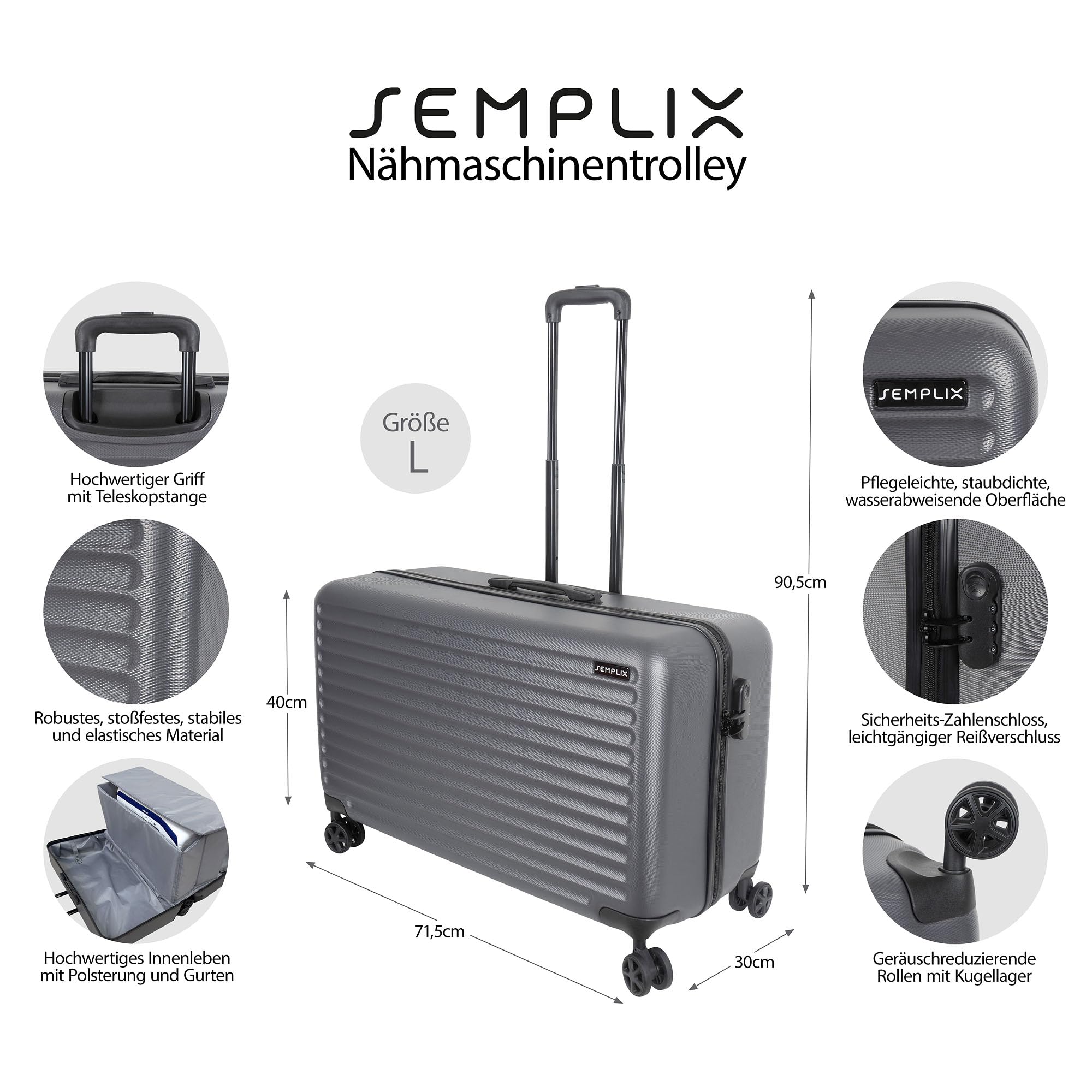 SEMPLIX Nähmaschinentrolley für alle gängigen Haushaltsnähmaschinen, Hartschalenkoffer mit hoher Mobilität und 360°Wendigkeit durch 4 leichtgängige Rollen (stahlgrau, 71,5 x 30 x 40 cm)