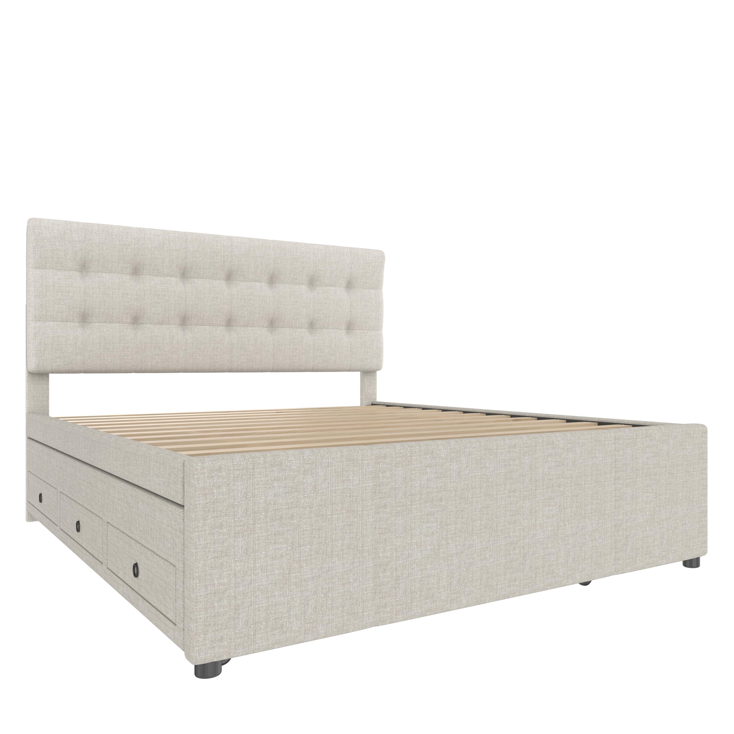 Moimhear Letto imbottito, matrimoniale, letto familiare, matrimoniale con tre cassetti, letto estraibile, testiera regolabile (beige)