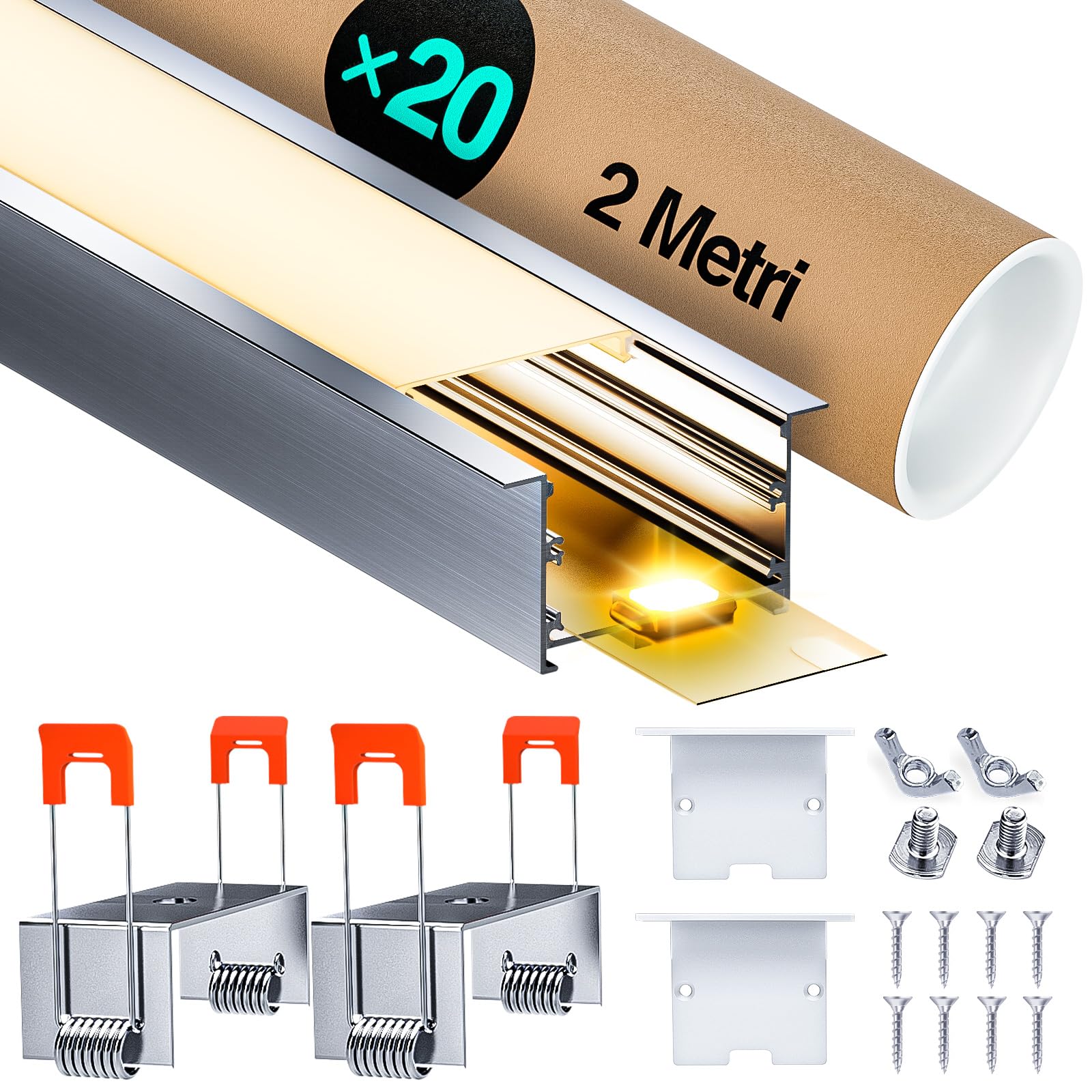 Aluminiowy profil LED do taśm LED 20 x 2 m (łącznie 40 M) Kanały LED w kształcie litery U z dyfuzorem PC i akcesoriami montażowymi do montażu sufitowego lub ściennego