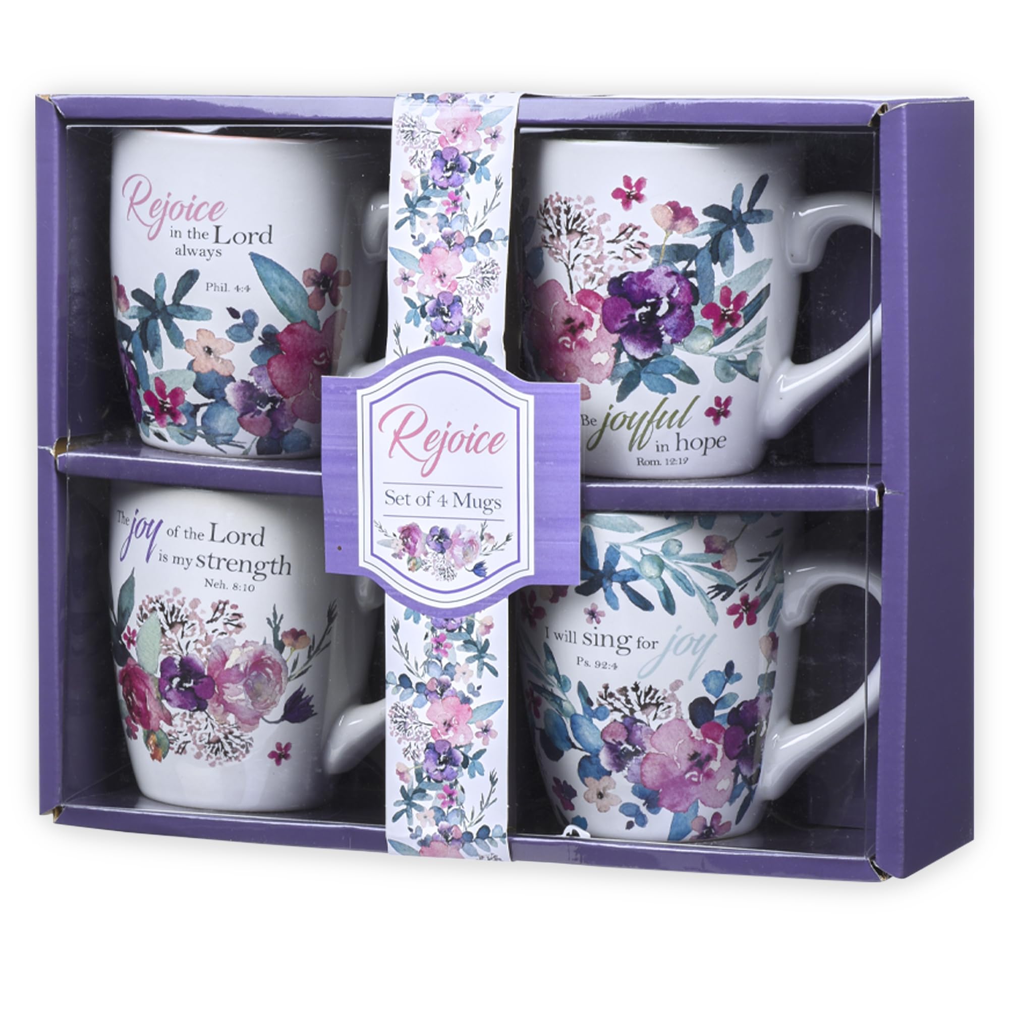 Christian Art Gifts Ceramic Coffee or Tea Mug Set for Women, Rejoice Watercolor Flowers Design Bible Verse Mug Set, Boxed Set of 4 Coffee Cups