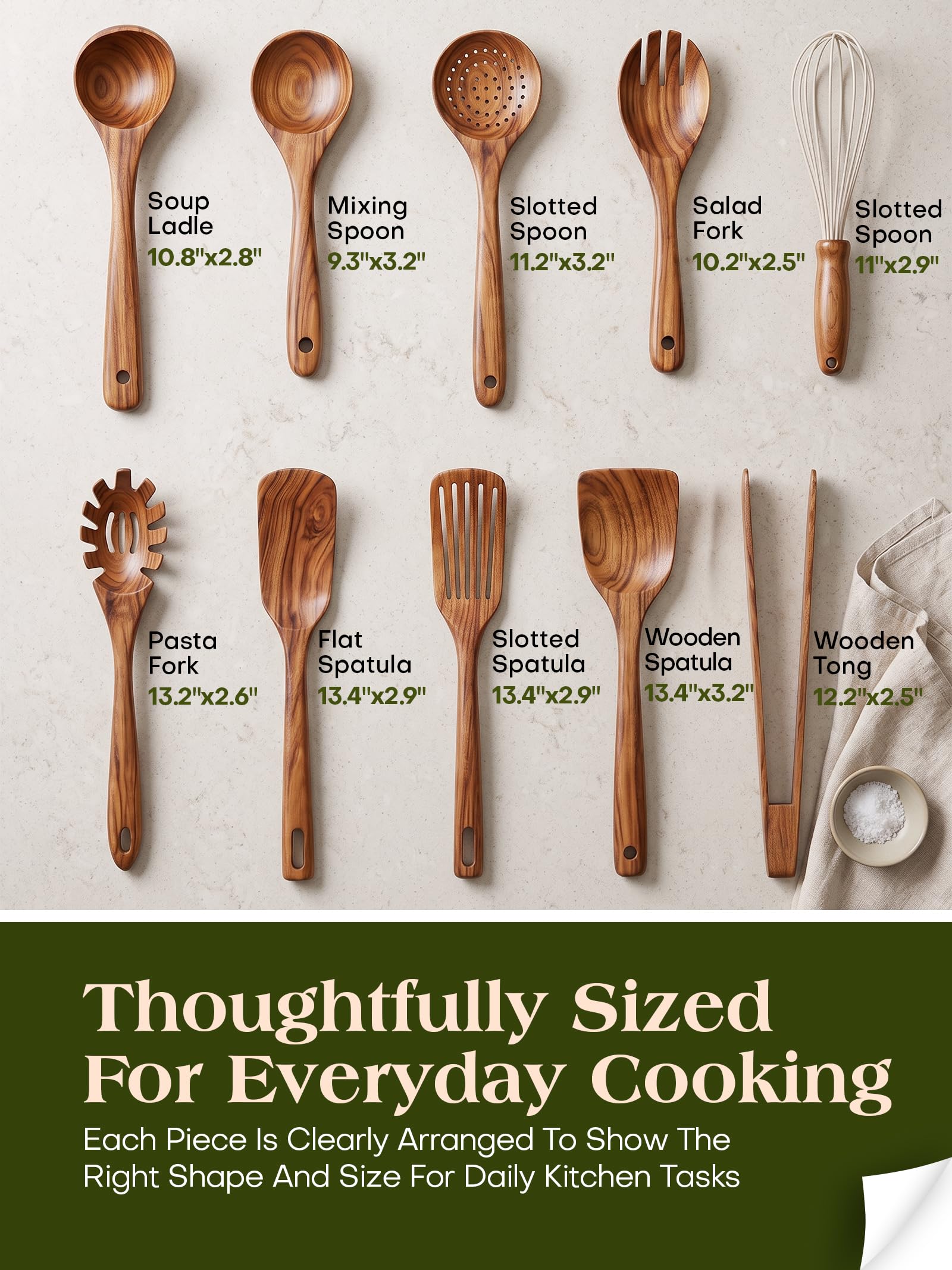 Ustensiles de Cuisine en Bois Antiadhésif - Set de 10 Pièces en Teck Naturel Avec Spatule et Louche