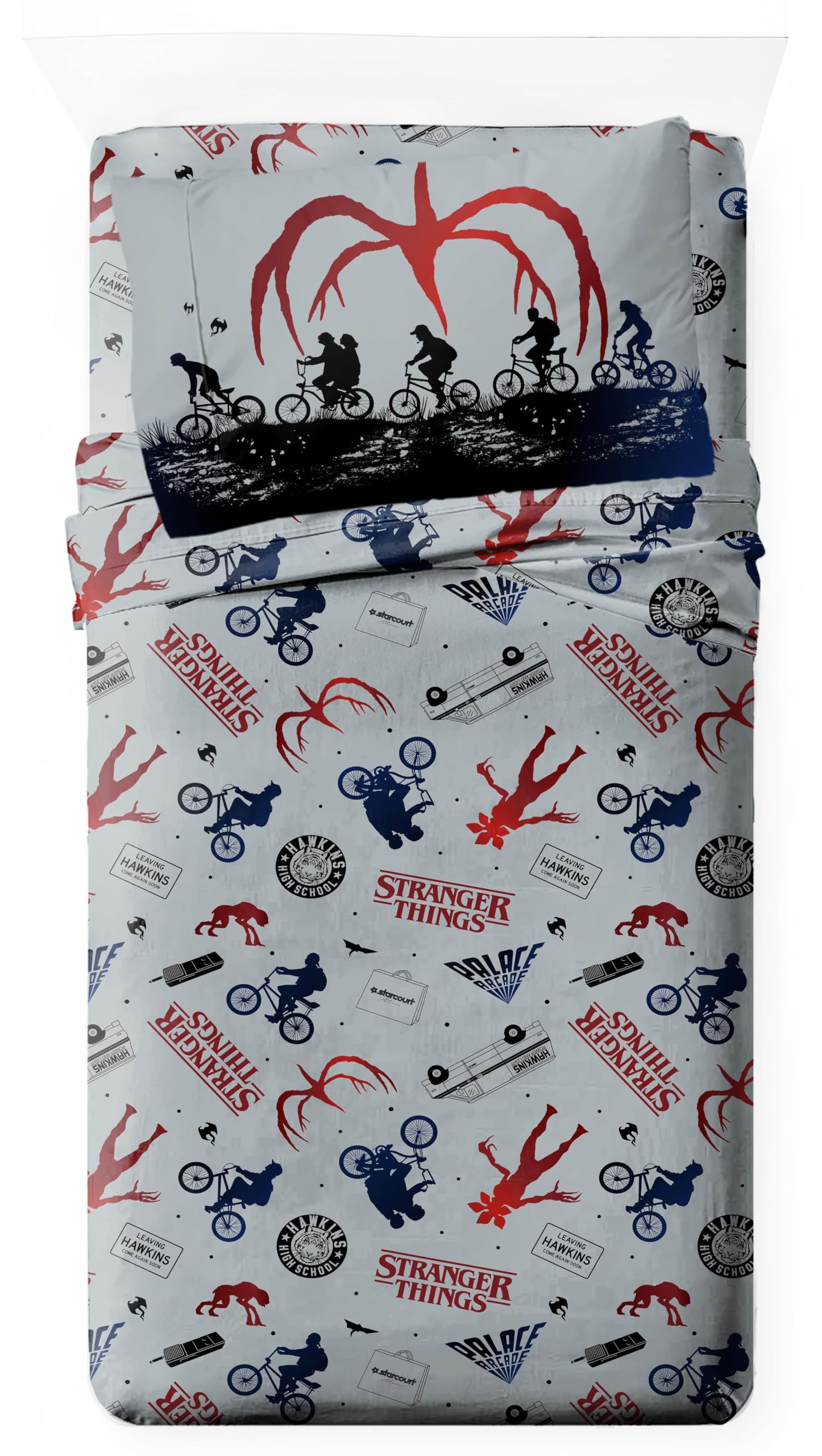 Jay Franco Sheet Set with Fitted, Flat Sheets & Pillow Cover - Ultra-Soft Bedding with Pillowcase for Room Decor, Grey - Stranger Things, 3 Piece Twin