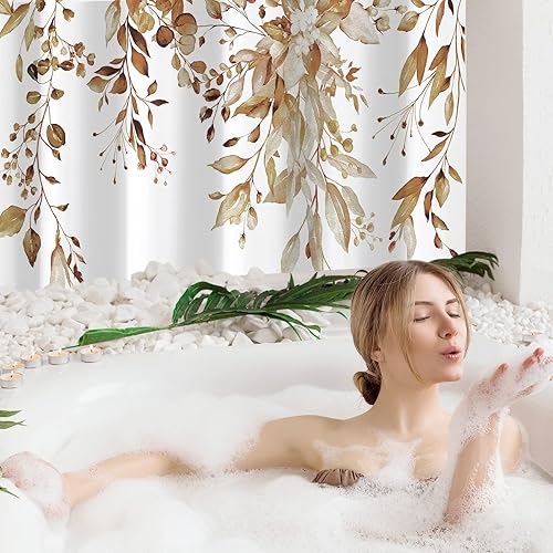 Miniatura 2 de Gibelle - Cortina de ducha de eucalipto marrón, hojas de plantas de acuarela con diseño floral, juego de cortina de ducha con ganchos, 72 x 72