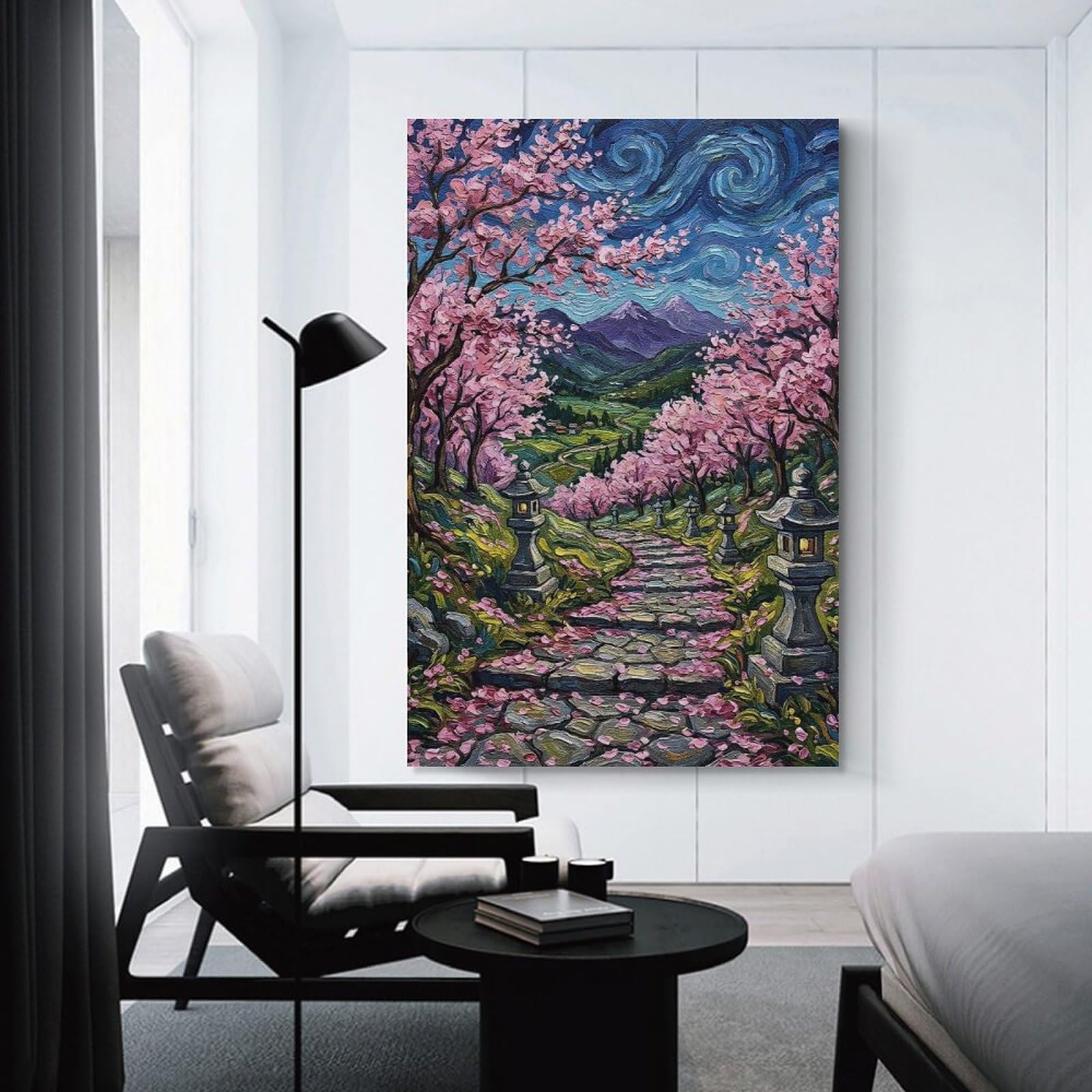 Junmoney Japanese Cherry Blossom Landscape Painting Room Decor Wall Art 24x36inch(60x90cm), for Art Walls, Layered Displays Or Homes, Wall Decor Suited to Curated Displays