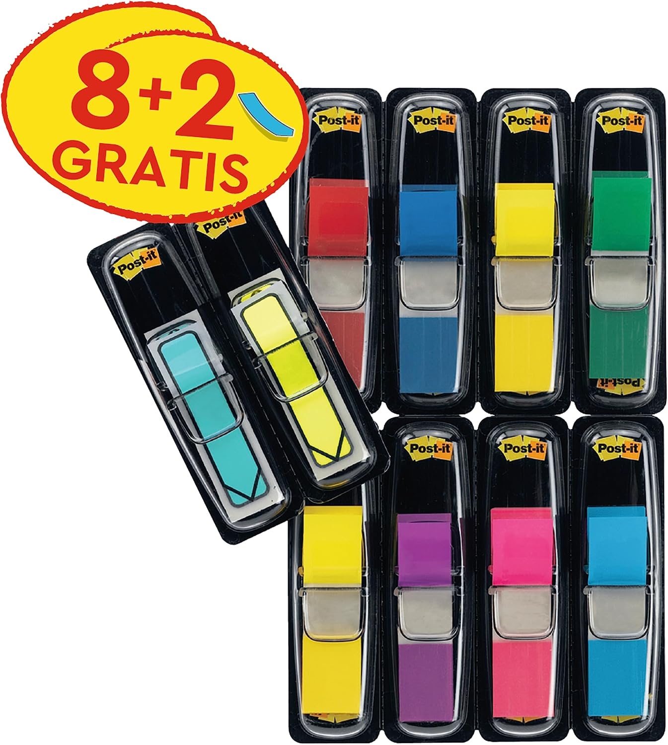 Post-it Index Small Flags, Vorteilspackung mit 8 Blöcken und 2 Pfeilblöcke GRATIS, 328 Blätter, 11, 9 mm x 43, 2 mm, Farben: Gelb, Rot, Grün, Blau, Lila, Pink - Für wichtige Informationen