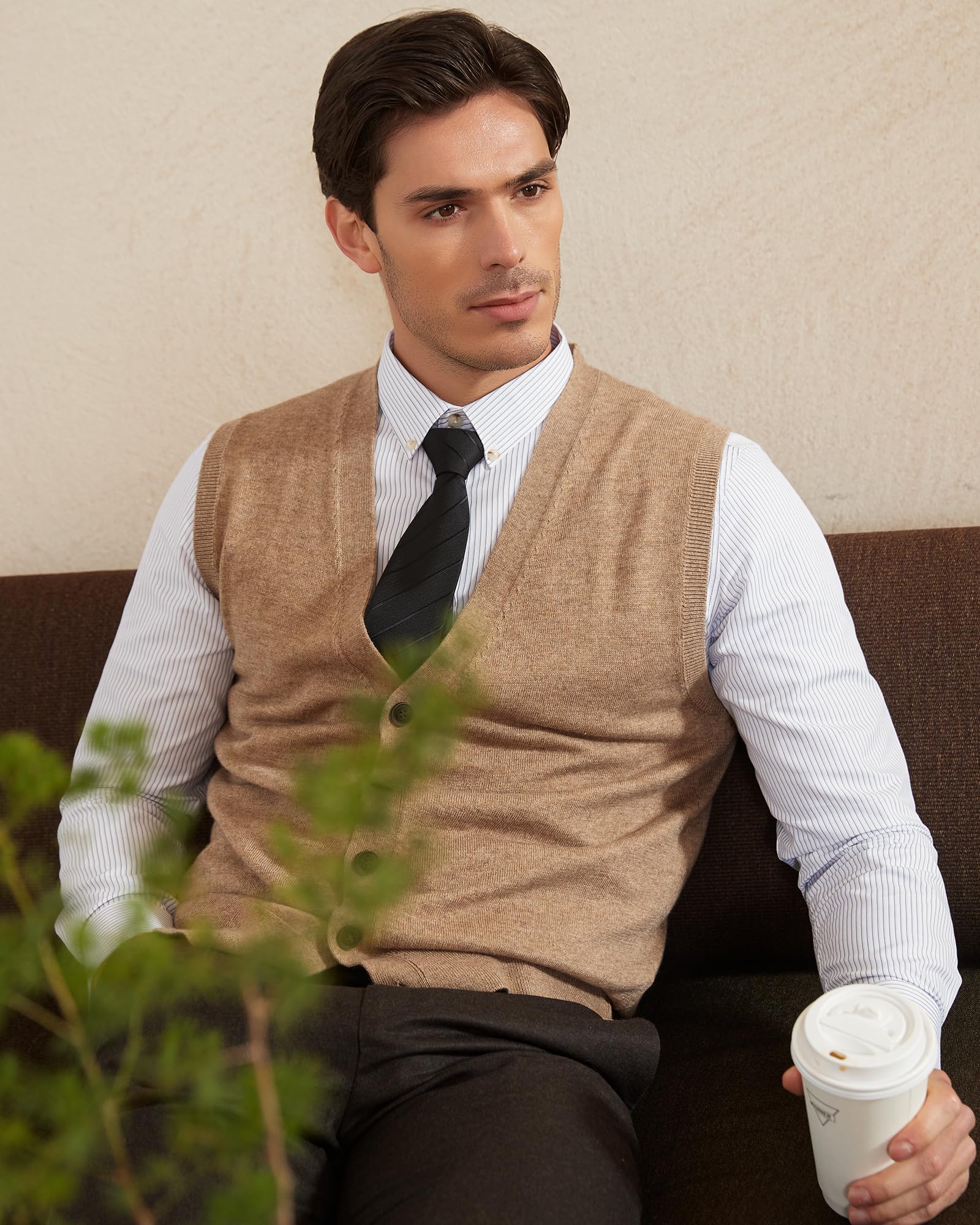 Kallspin Cardigan Homme Mélangé de Laine sans Manches et Col en V Profond Tricoté avec des Boutons