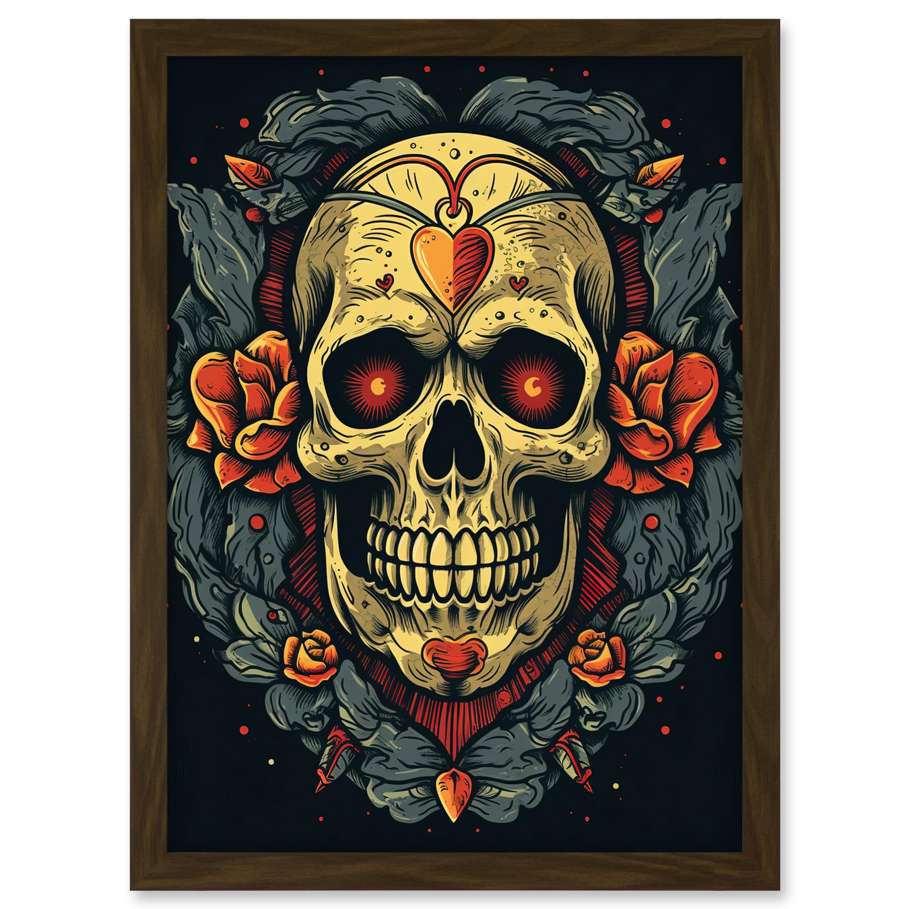 Artery8 Skull Roses and Heart Tattoo Ink Body Art Rockabilly Americana 50s Artwork Framed A3 Wall Art Print