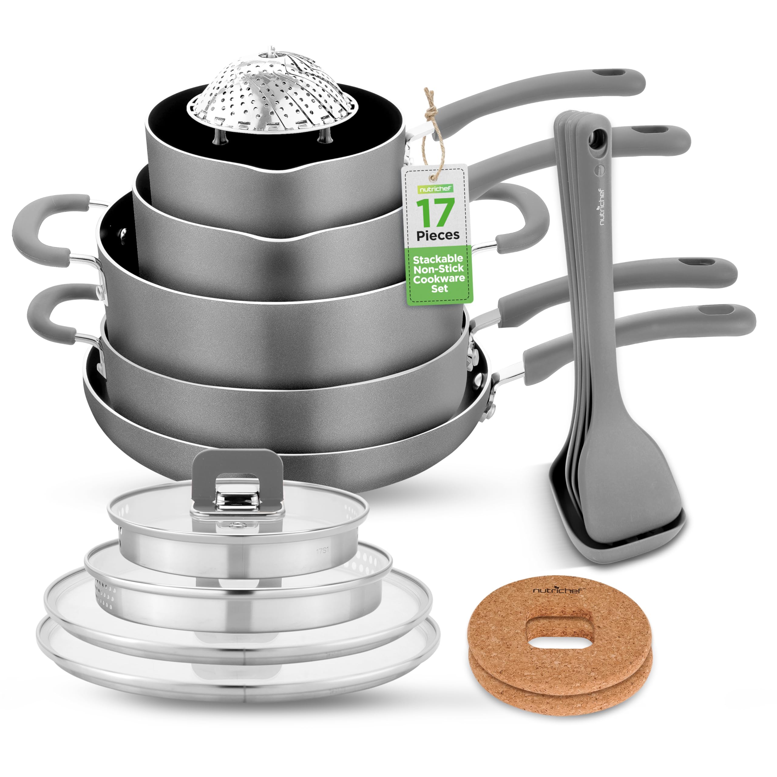 NutriChef 17-Piece Space Saver Cookware Set - Gray Non Stick Pots and Pans with Stackable Design, Foldable Handles, Induction Ready