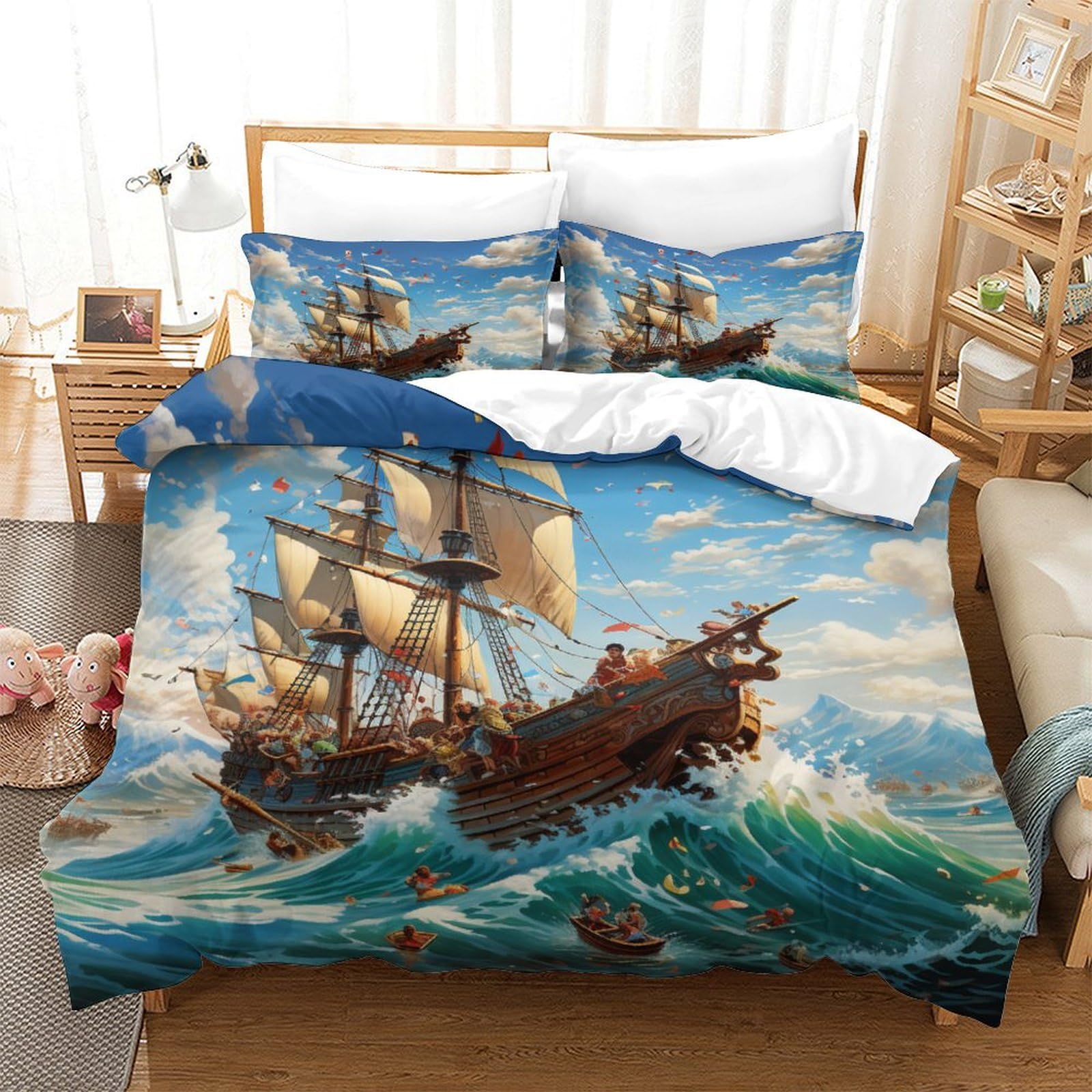 Housse de couette 260x220cm microfibre super douce et respirante motif voilier 3D