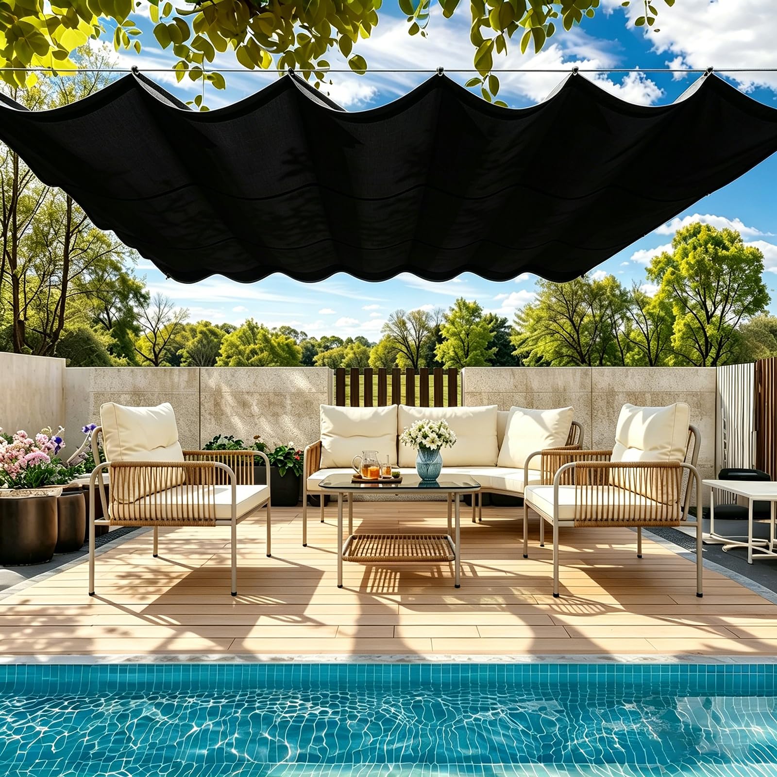 Retractable Wave Shade Cloth 255 x 505 cm Pes Polyester, Waterproof 98% UV Block, Wind and Tear Resistant, Rectangle Awning Canopy with Eyelets and Rope for Deck Swimming, Black